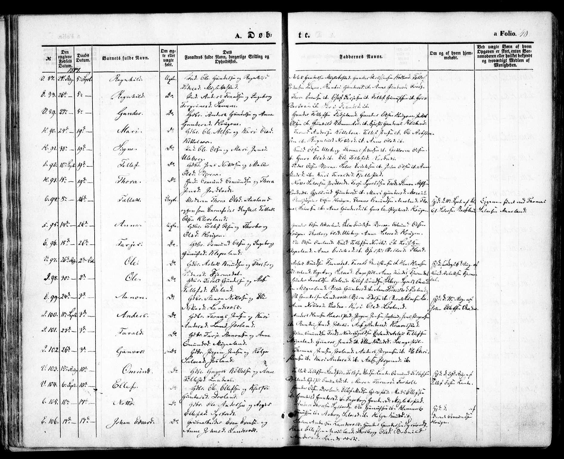 Evje sokneprestkontor, AV/SAK-1111-0008/F/Fa/Faa/L0005: Parish register (official) no. A 5, 1843-1865, p. 40