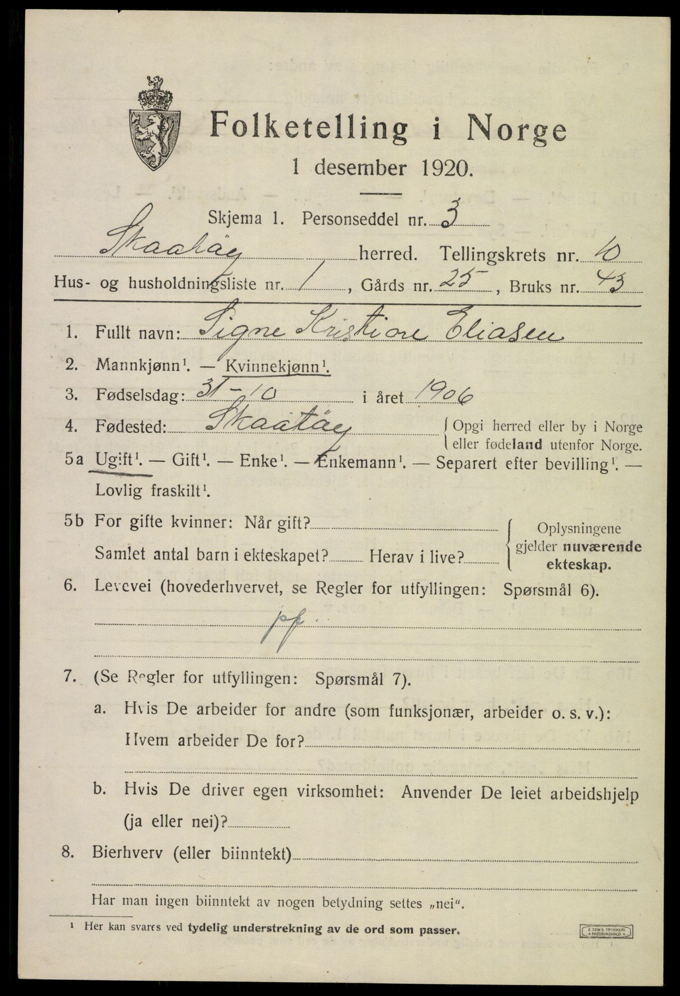 SAKO, 1920 census for Skåtøy, 1920, p. 7396