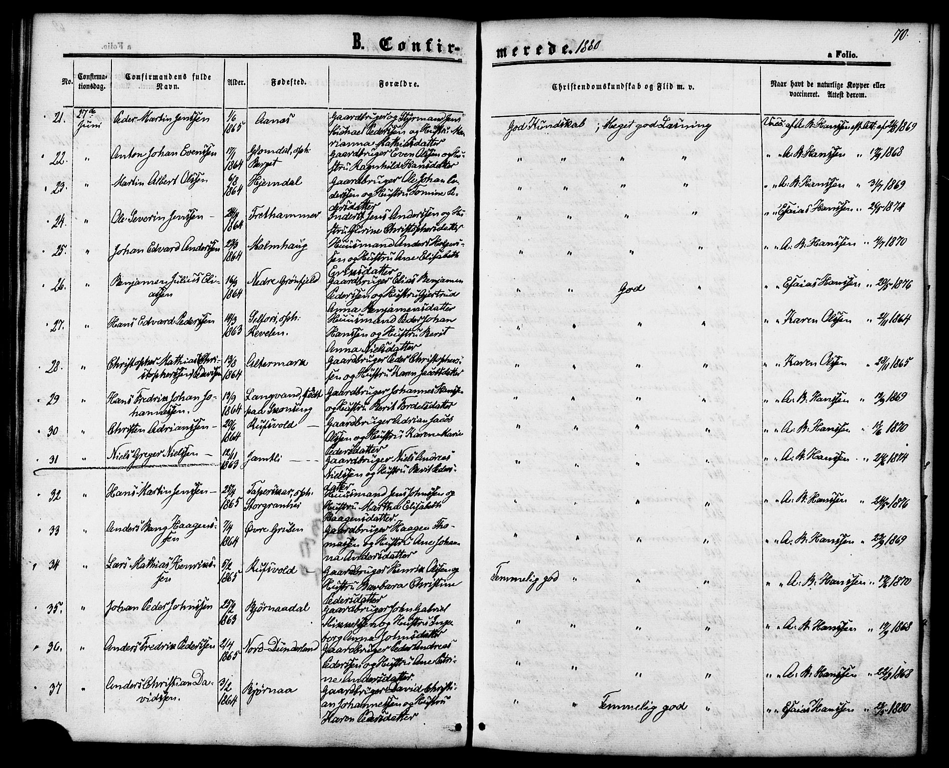 Ministerialprotokoller, klokkerbøker og fødselsregistre - Nordland, AV/SAT-A-1459/827/L0394: Parish register (official) no. 827A06, 1865-1886, p. 70