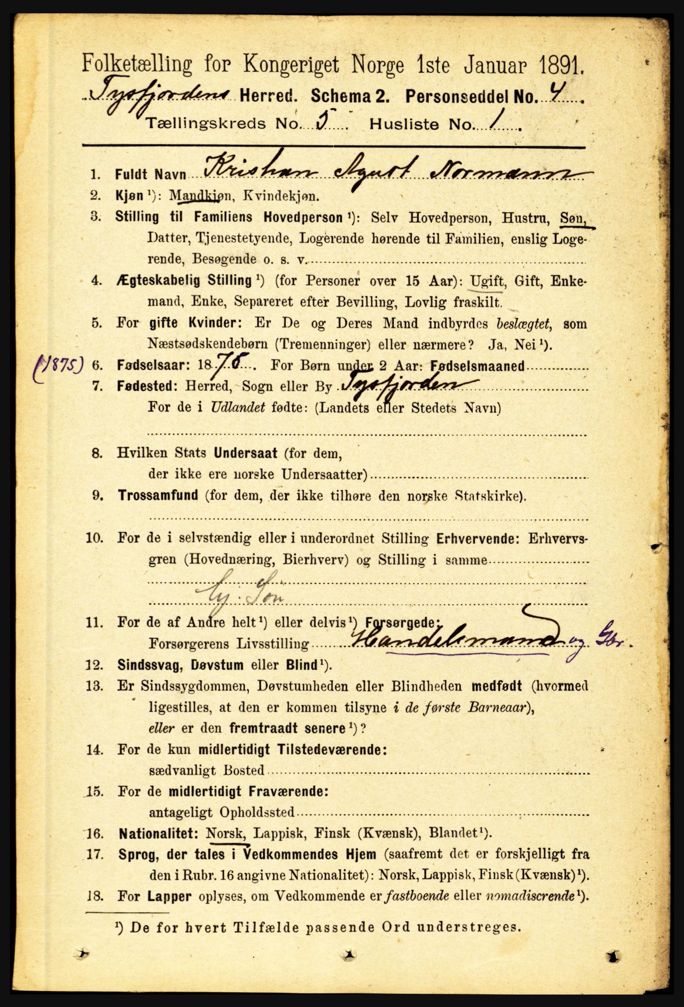 RA, 1891 census for 1850 Tysfjord, 1891, p. 1801