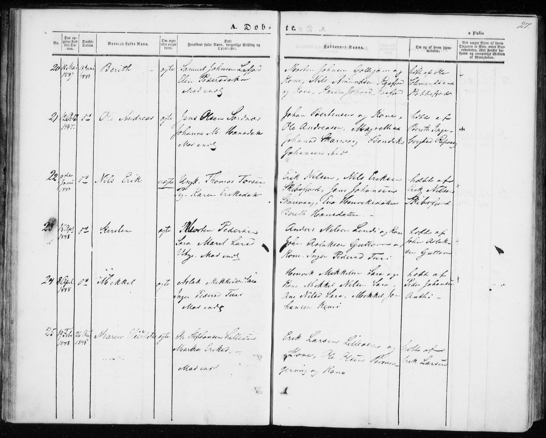 Kistrand/Porsanger sokneprestembete, AV/SATØ-S-1351/H/Ha/L0004.kirke: Parish register (official) no. 4, 1843-1860, p. 27