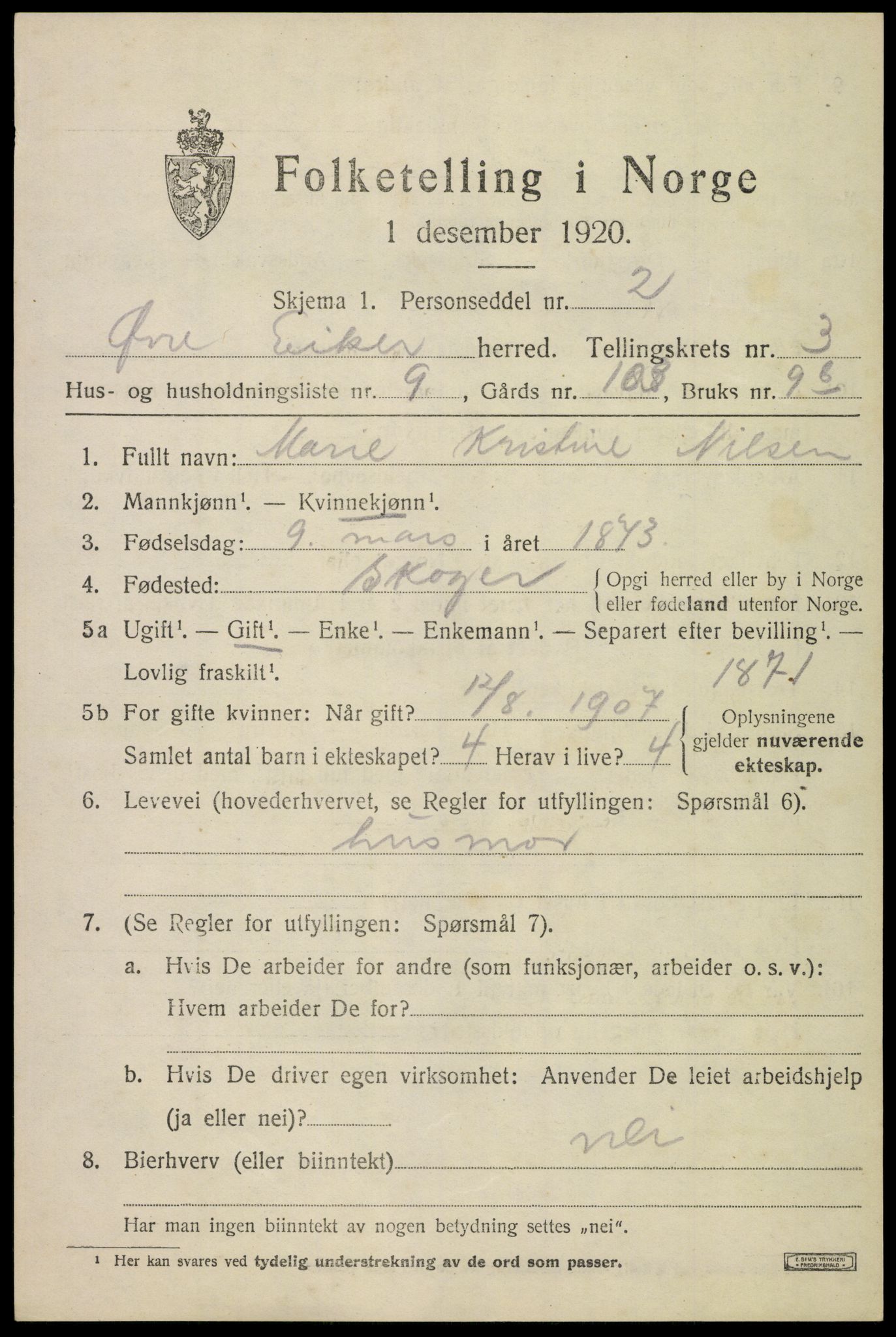 SAKO, 1920 census for Øvre Eiker, 1920, p. 8196