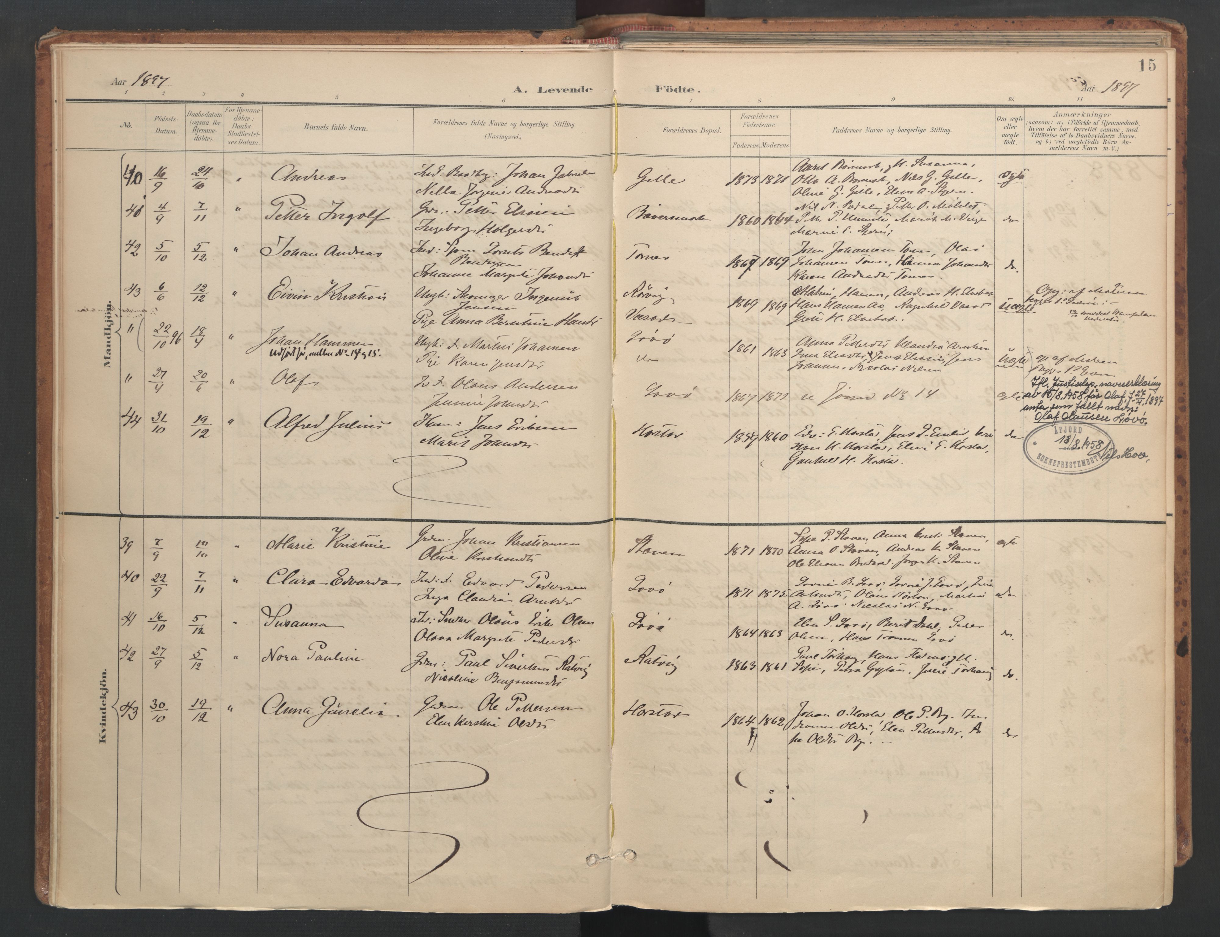 Ministerialprotokoller, klokkerbøker og fødselsregistre - Sør-Trøndelag, SAT/A-1456/655/L0681: Parish register (official) no. 655A10, 1895-1907, p. 15