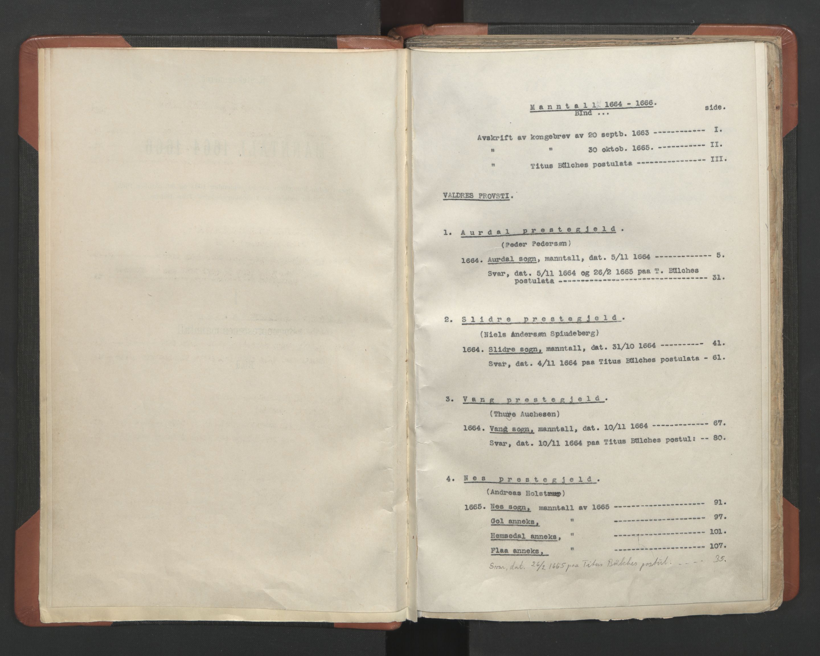 RA, Vicar's Census 1664-1666, no. 8: Valdres deanery, 1664-1666