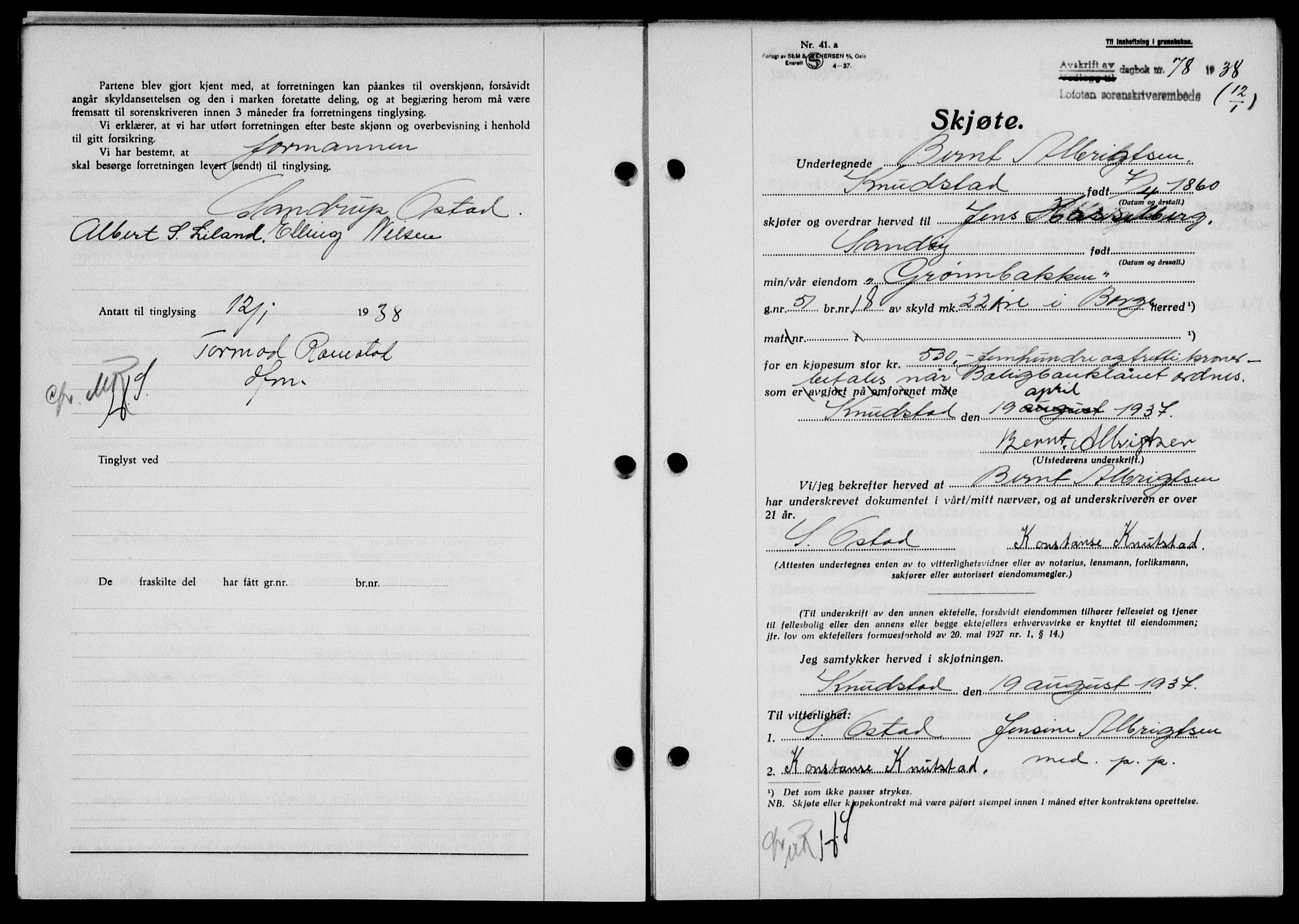 Lofoten sorenskriveri, SAT/A-0017/1/2/2C/L0003a: Mortgage book no. 3a, 1937-1938, Diary no: : 78/1938