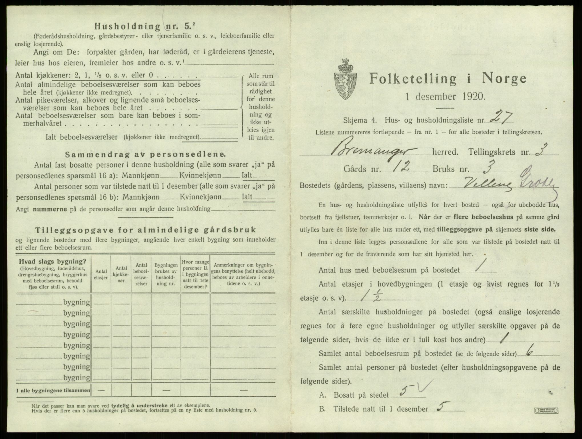 SAB, 1920 census for Bremanger, 1920, p. 319