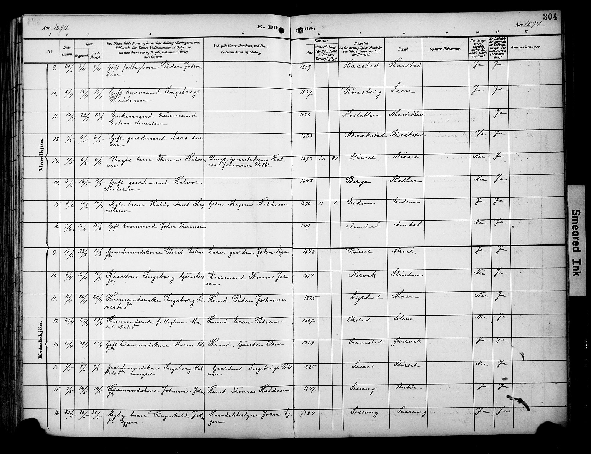 Ministerialprotokoller, klokkerbøker og fødselsregistre - Sør-Trøndelag, SAT/A-1456/695/L1149: Parish register (official) no. 695A09, 1891-1902, p. 304