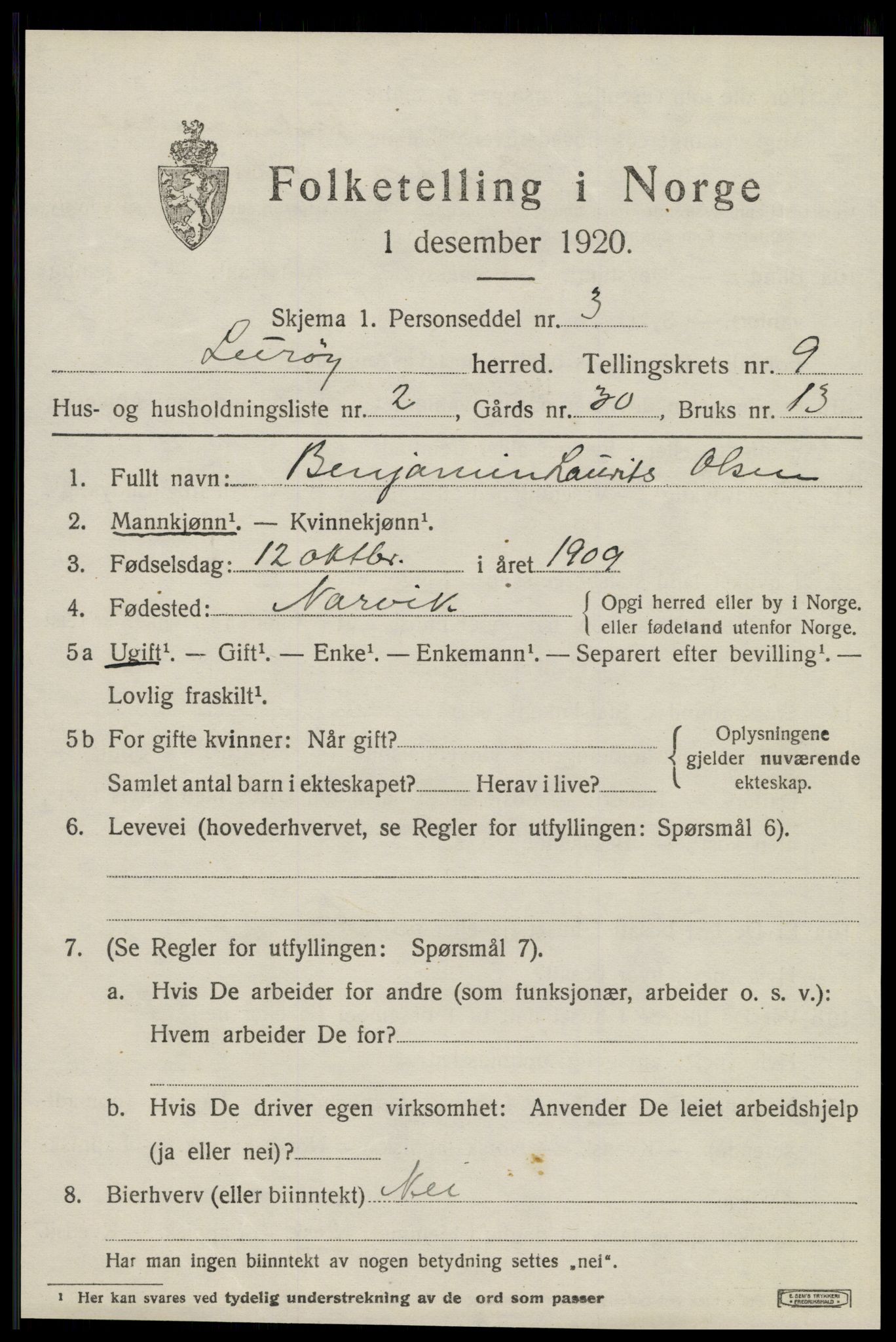 SAT, 1920 census for Lurøy, 1920, p. 4033