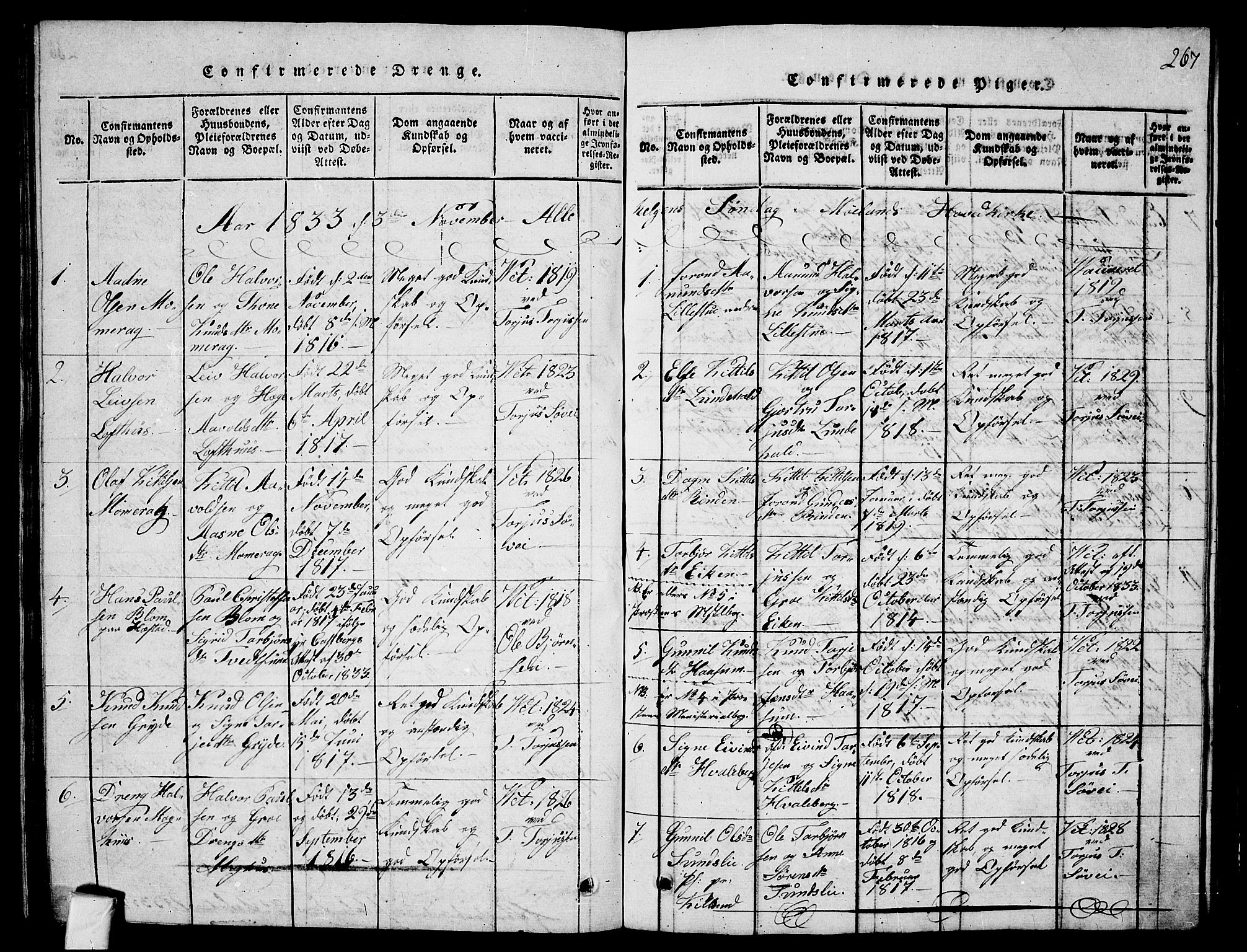 Fyresdal kirkebøker, SAKO/A-263/G/Ga/L0001: Parish register (copy) no. I 1, 1816-1840, p. 267