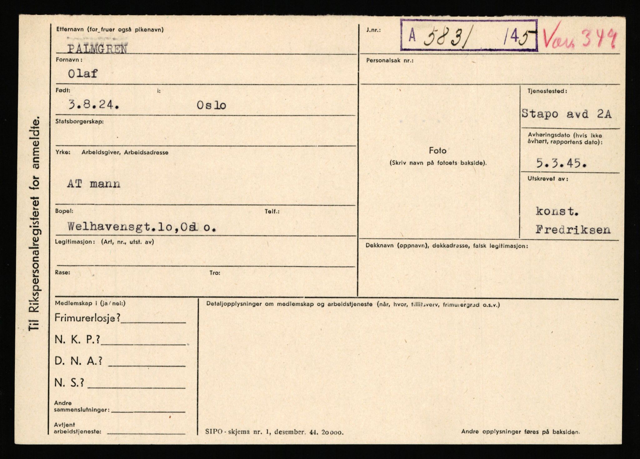 Statspolitiet - Hovedkontoret / Osloavdelingen, AV/RA-S-1329/C/Ca/L0012: Oanæs - Quistgaard	, 1943-1945, p. 2901