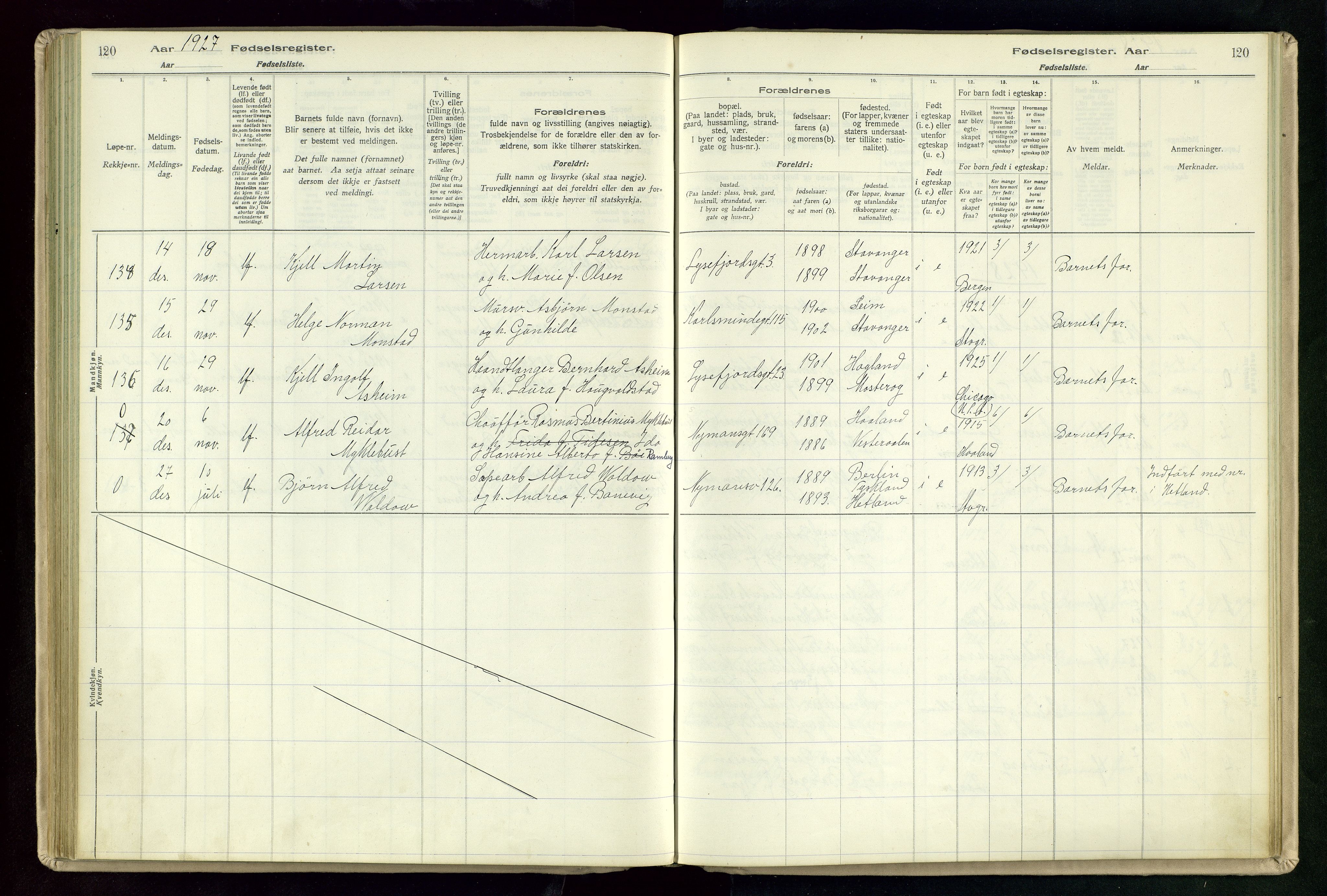 St. Johannes sokneprestkontor, SAST/A-101814/002/A/L0003: Birth register no. 3, 1924-1930, p. 120
