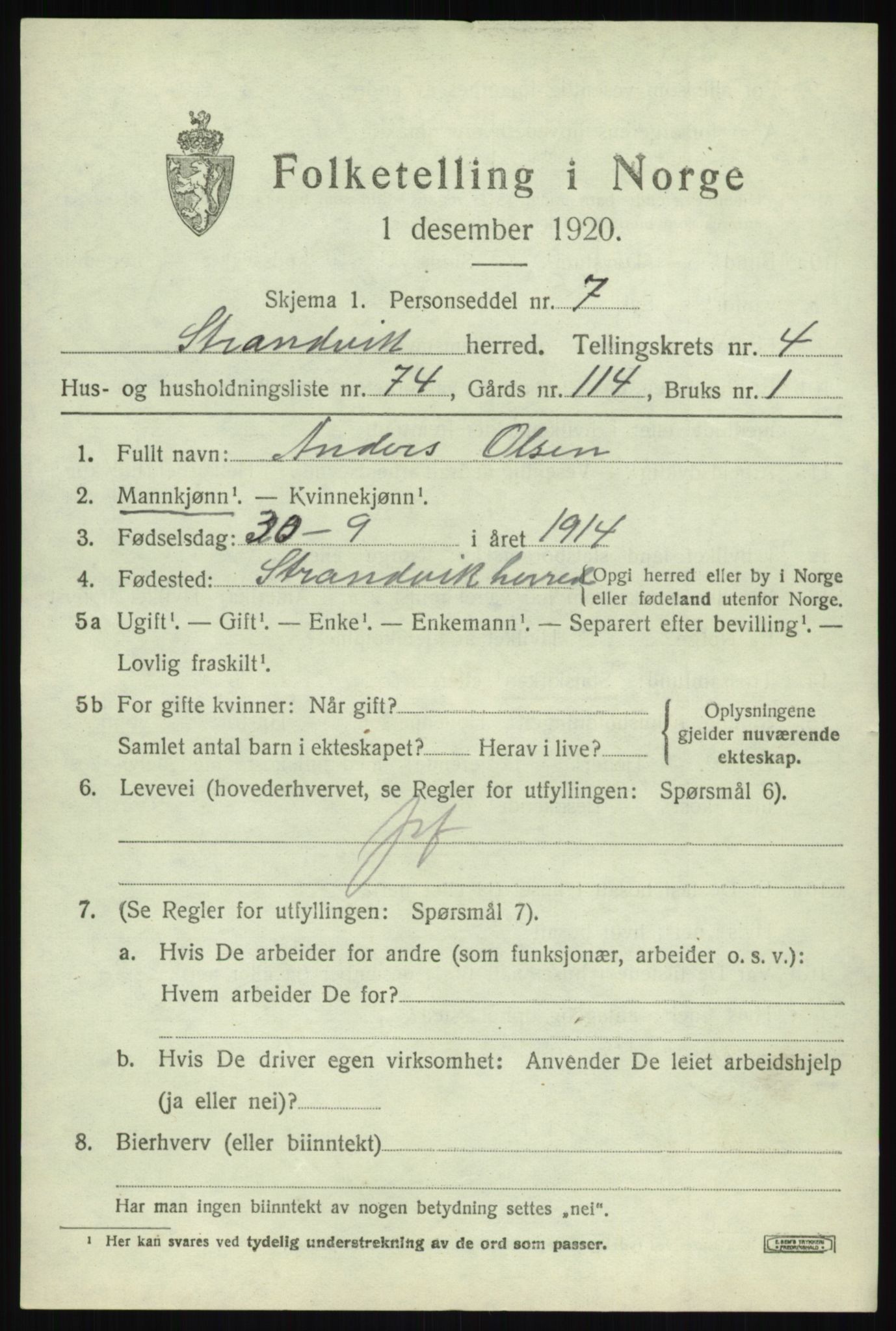 SAB, 1920 census for Strandvik, 1920, p. 3966