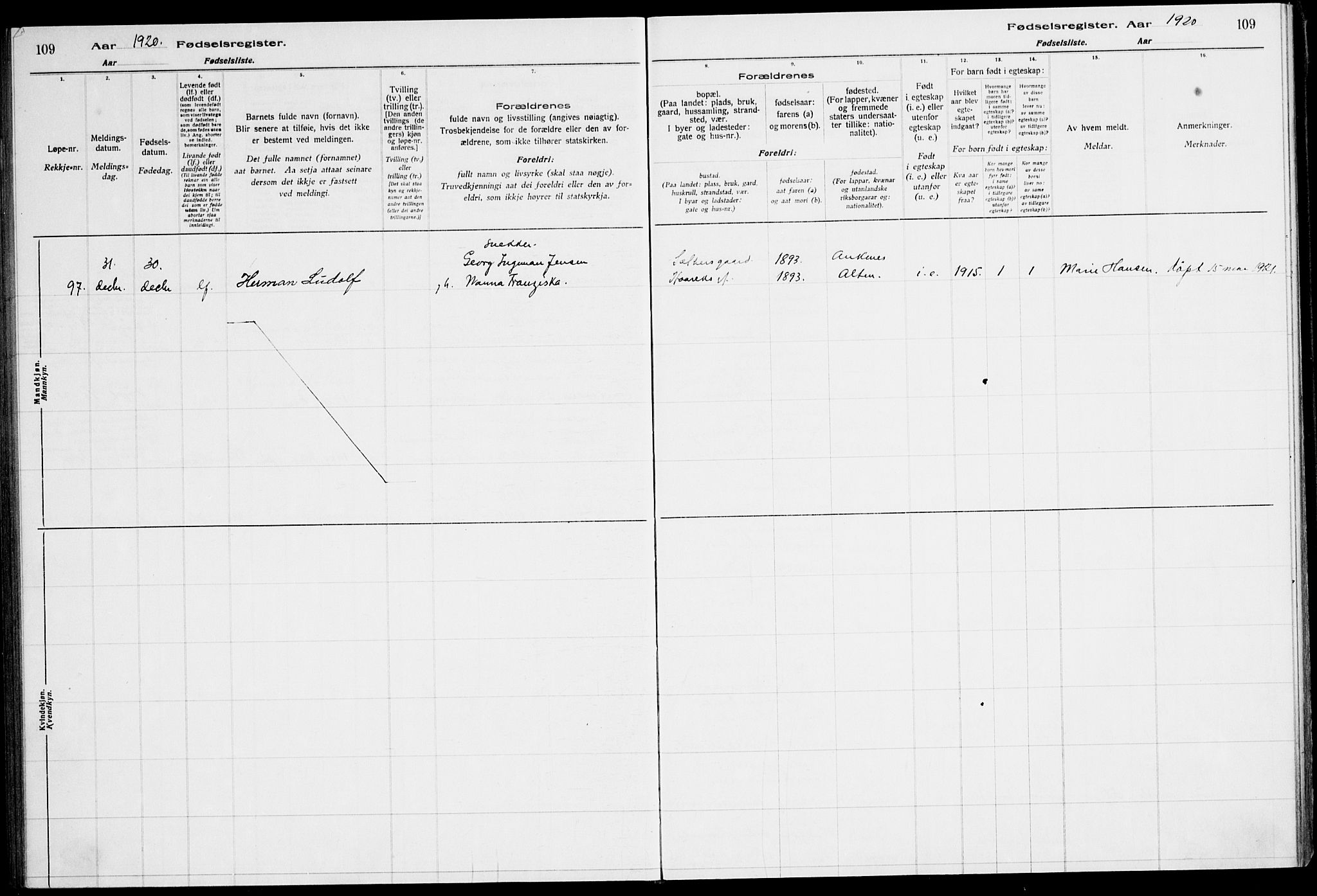 Ministerialprotokoller, klokkerbøker og fødselsregistre - Nordland, AV/SAT-A-1459/871/L1013: Birth register no. 871.II.4.1, 1916-1924, p. 109