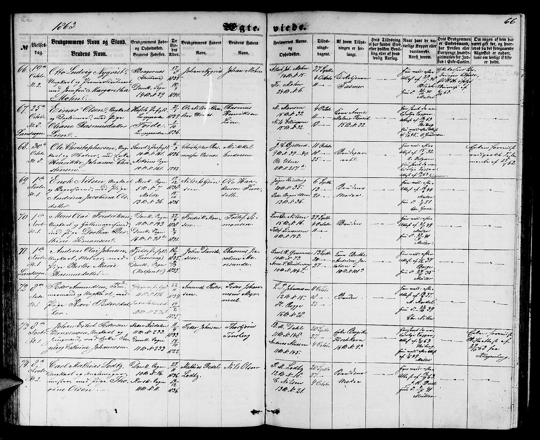 Domkirken sokneprestembete, SAB/A-74801/H/Hab/L0030: Parish register (copy) no. D 2, 1857-1876, p. 66