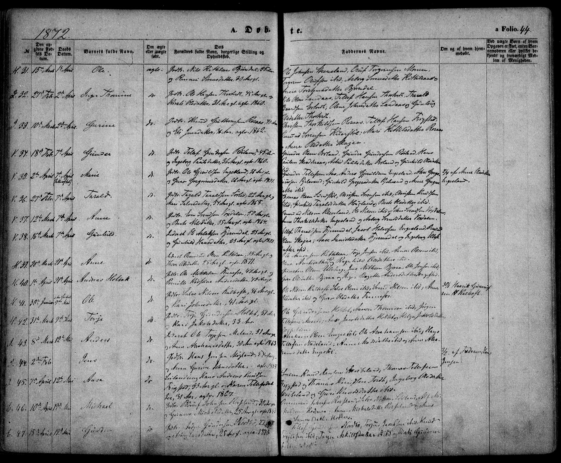 Evje sokneprestkontor, AV/SAK-1111-0008/F/Fa/Faa/L0006: Parish register (official) no. A 6, 1866-1884, p. 44