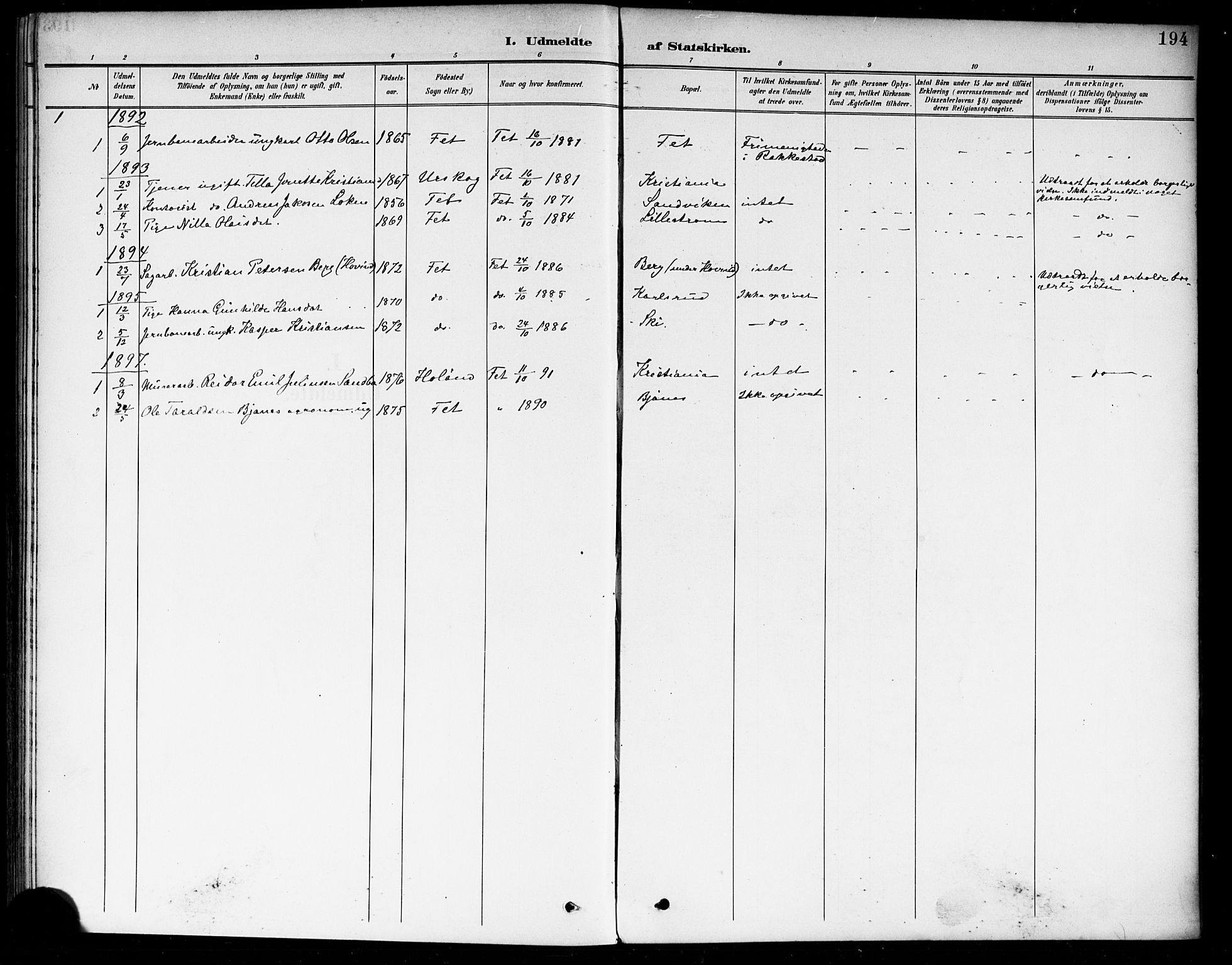 Fet prestekontor Kirkebøker, AV/SAO-A-10370a/F/Fa/L0015: Parish register (official) no. I 15, 1892-1904, p. 194