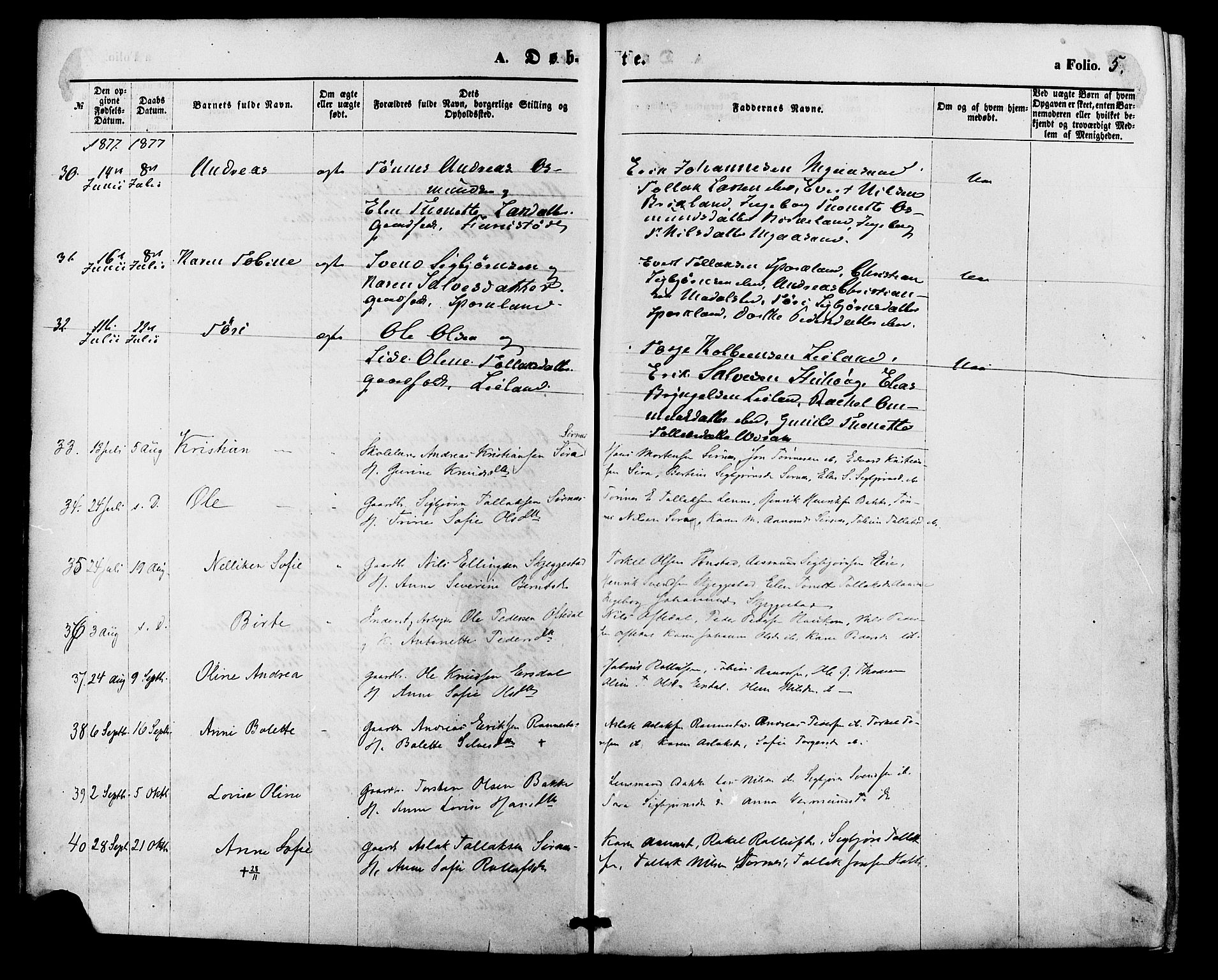 Bakke sokneprestkontor, AV/SAK-1111-0002/F/Fa/Faa/L0007: Parish register (official) no. A 7, 1877-1886, p. 5