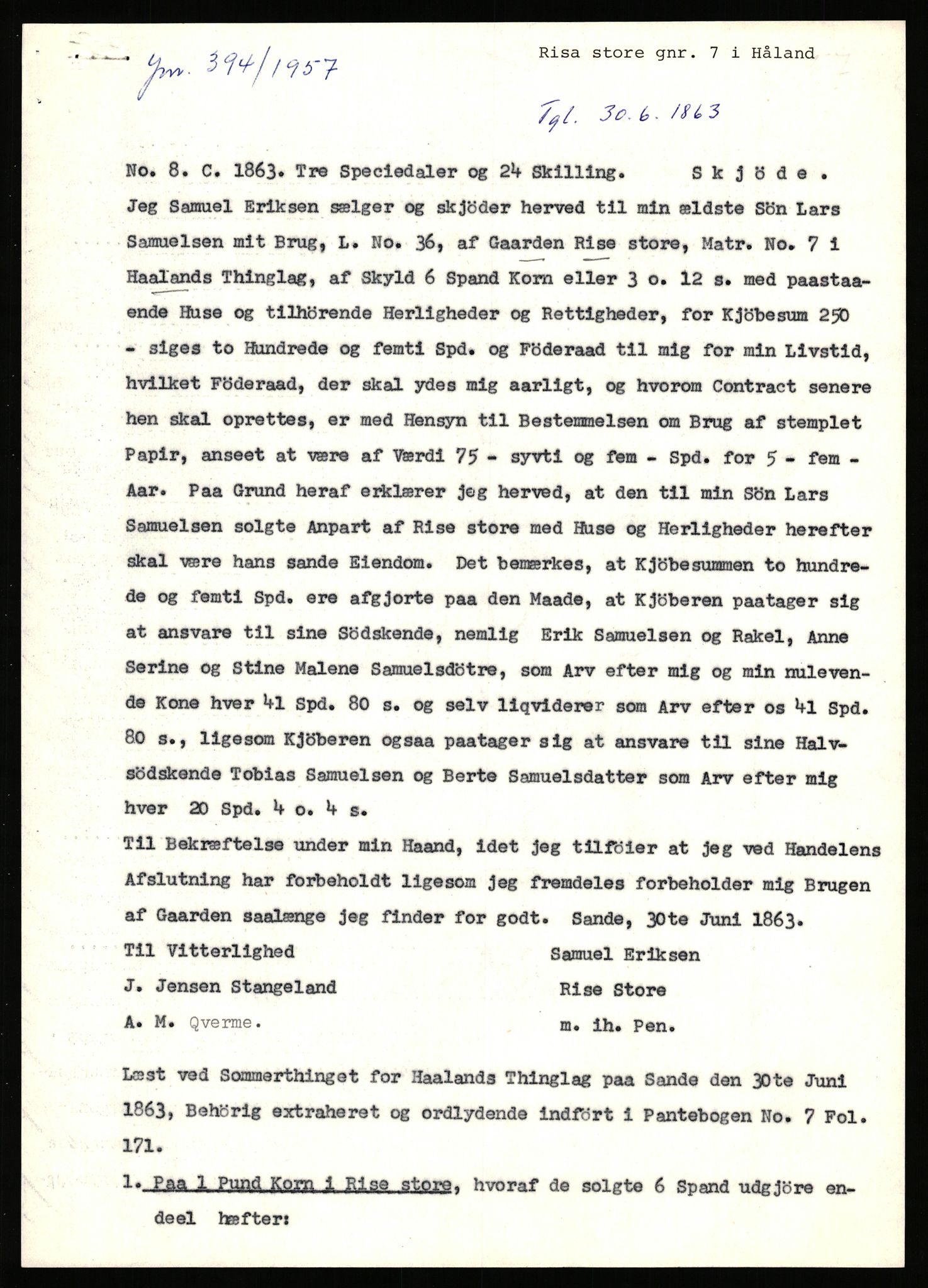 Statsarkivet i Stavanger, AV/SAST-A-101971/03/Y/Yj/L0068: Avskrifter sortert etter gårdsnavn: Refsnes - Risjell, 1750-1930, p. 623