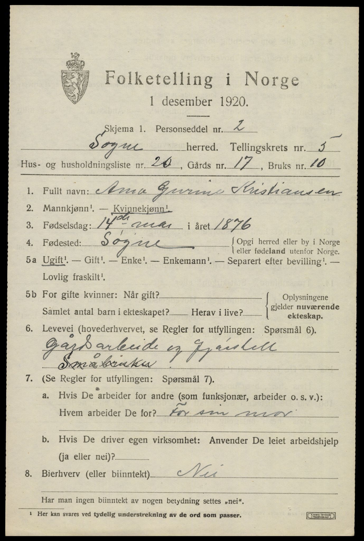 SAK, 1920 census for Søgne, 1920, p. 2455