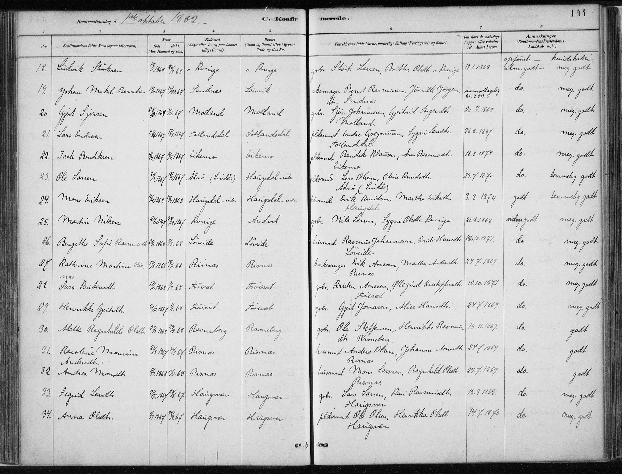 Masfjorden Sokneprestembete, SAB/A-77001: Parish register (official) no. B  1, 1876-1899, p. 144