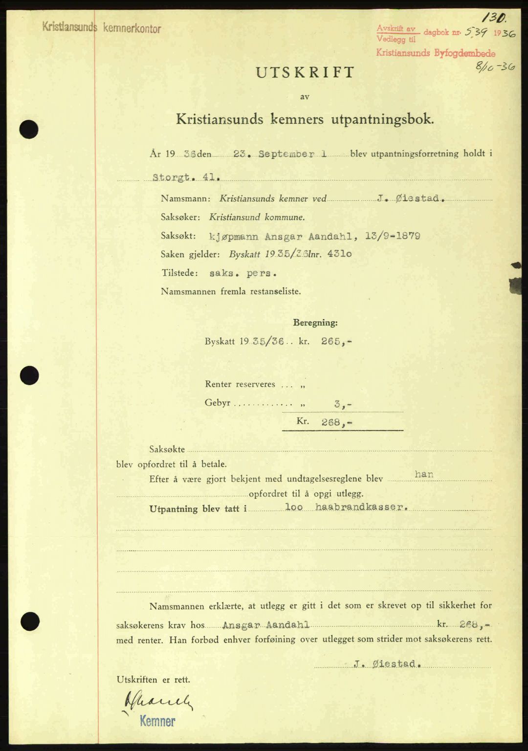 Kristiansund byfogd, AV/SAT-A-4587/A/27: Mortgage book no. 29, 1936-1937, Diary no: : 539/1936