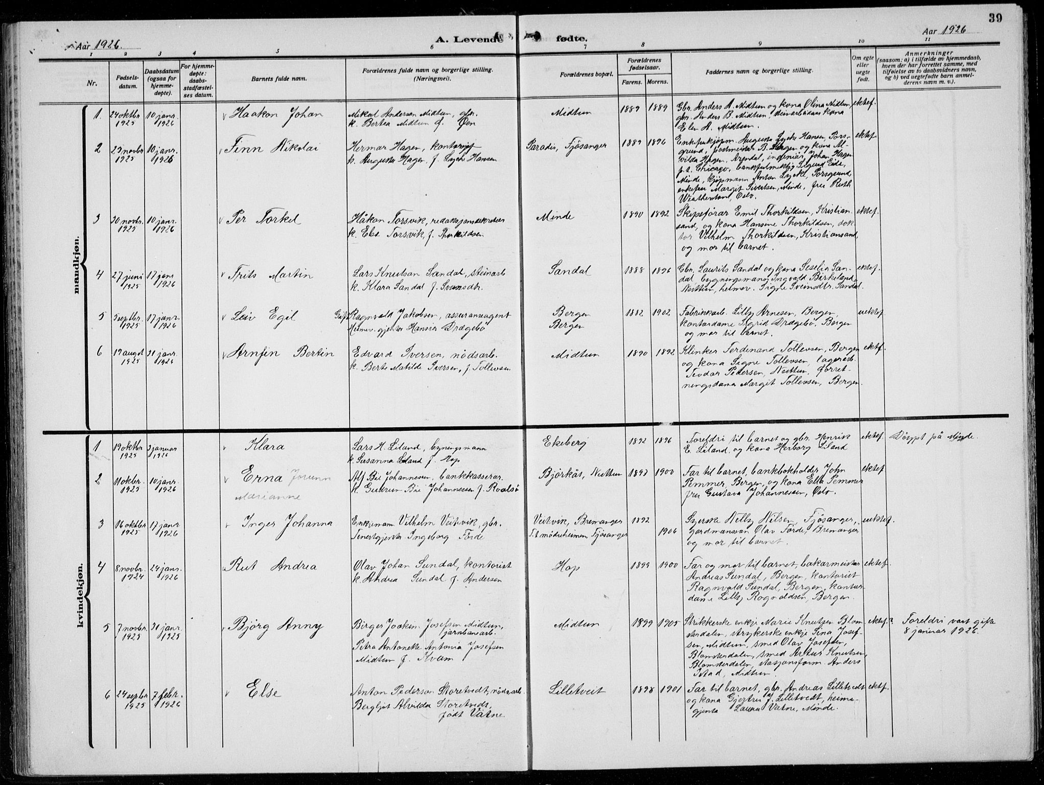 Birkeland Sokneprestembete, AV/SAB-A-74601/H/Hab: Parish register (copy) no. A  8, 1923-1933, p. 39