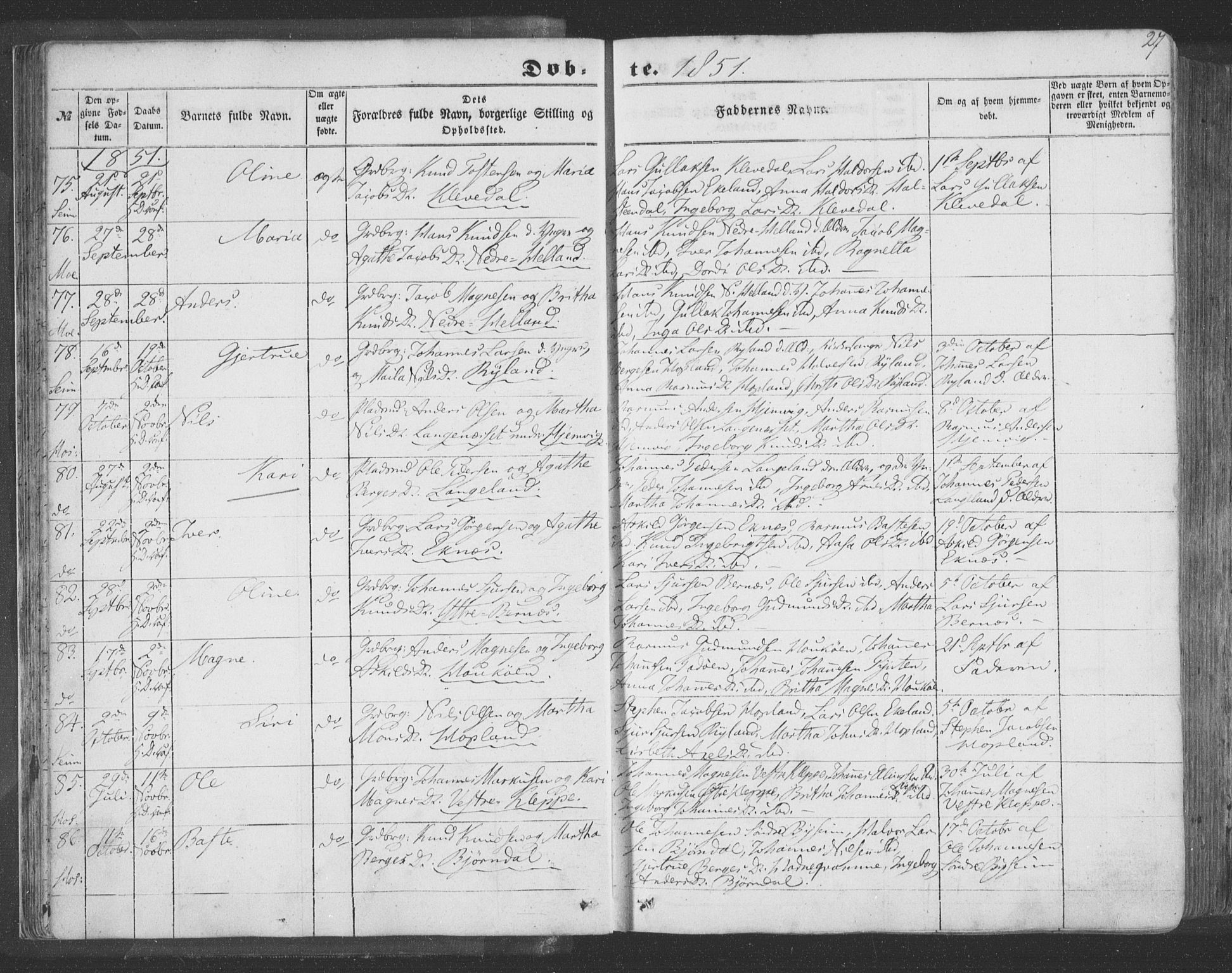 Hosanger sokneprestembete, SAB/A-75801/H/Haa: Parish register (official) no. A 8, 1849-1863, p. 27