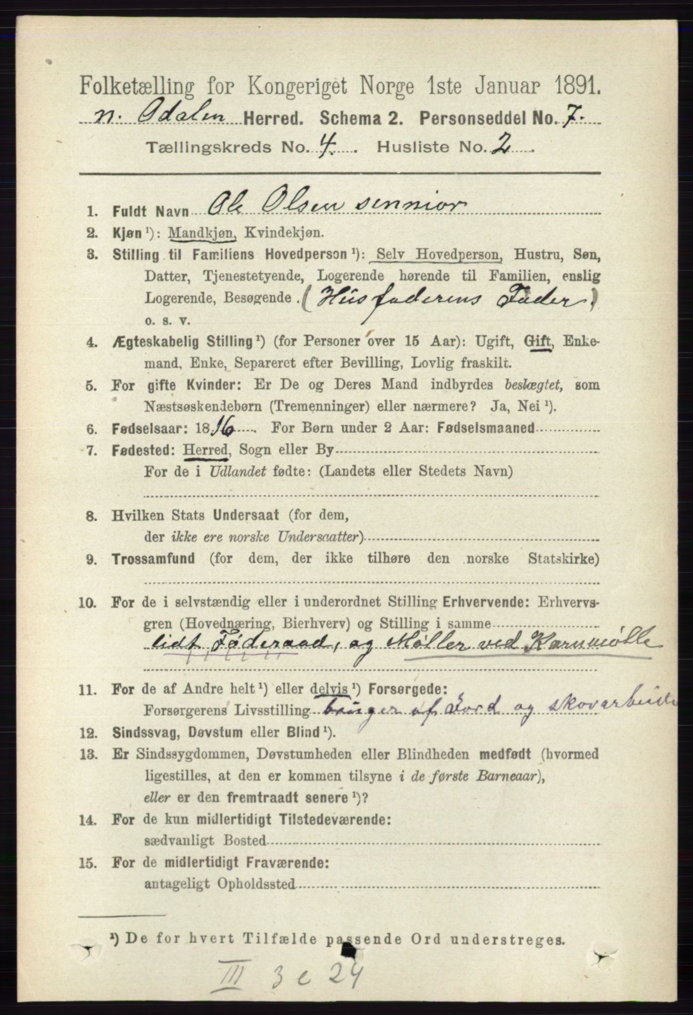 RA, 1891 census for 0418 Nord-Odal, 1891, p. 1276