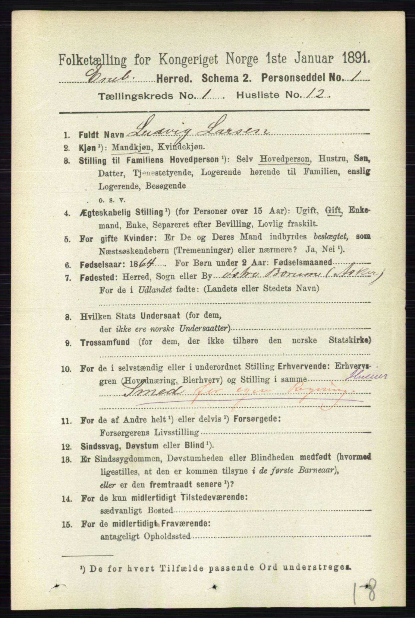 RA, 1891 census for 0229 Enebakk, 1891, p. 189