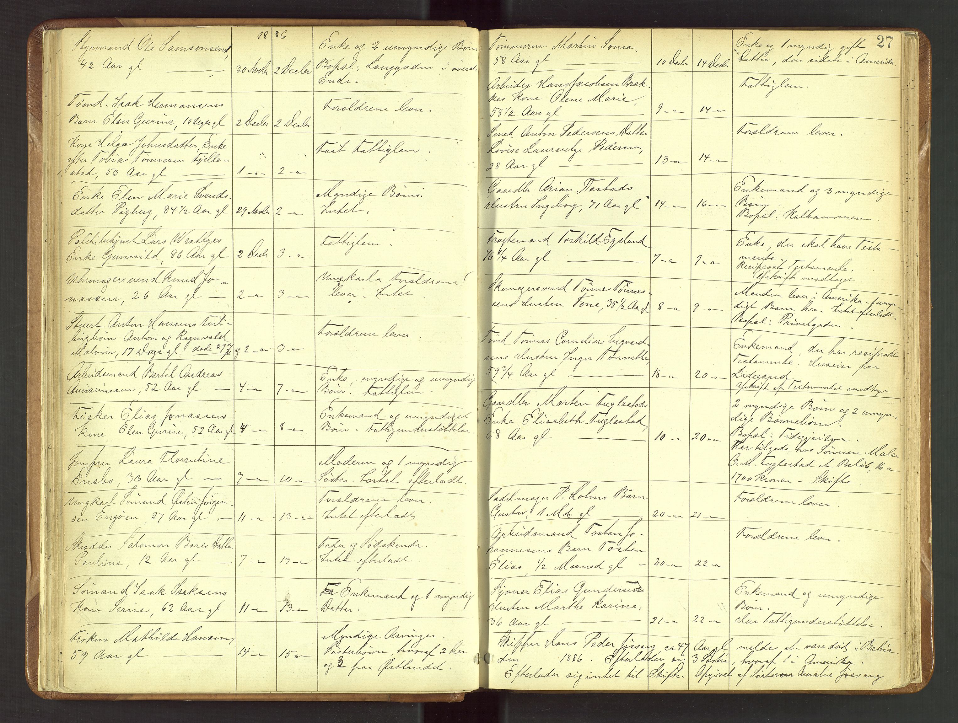 Stavanger skifteforvalter, AV/SAST-A-101412/001/5/52/52B/L0001: Dødsfallsprotokoll, 1885-1894, p. 27