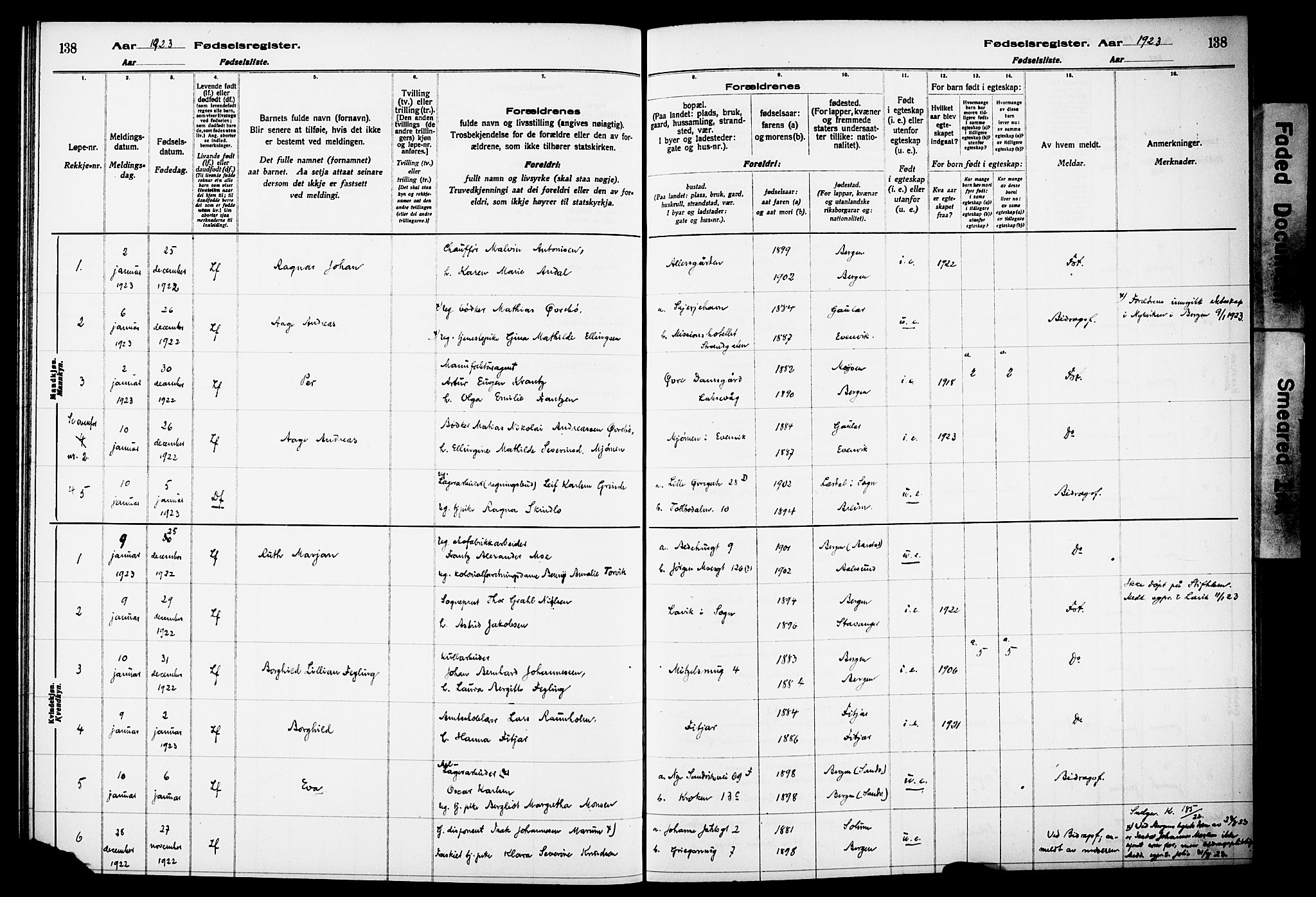 Kvinneklinikken, SAB/A-76301/F/L0A02: Birth register no. A 2, 1920-1924, p. 138