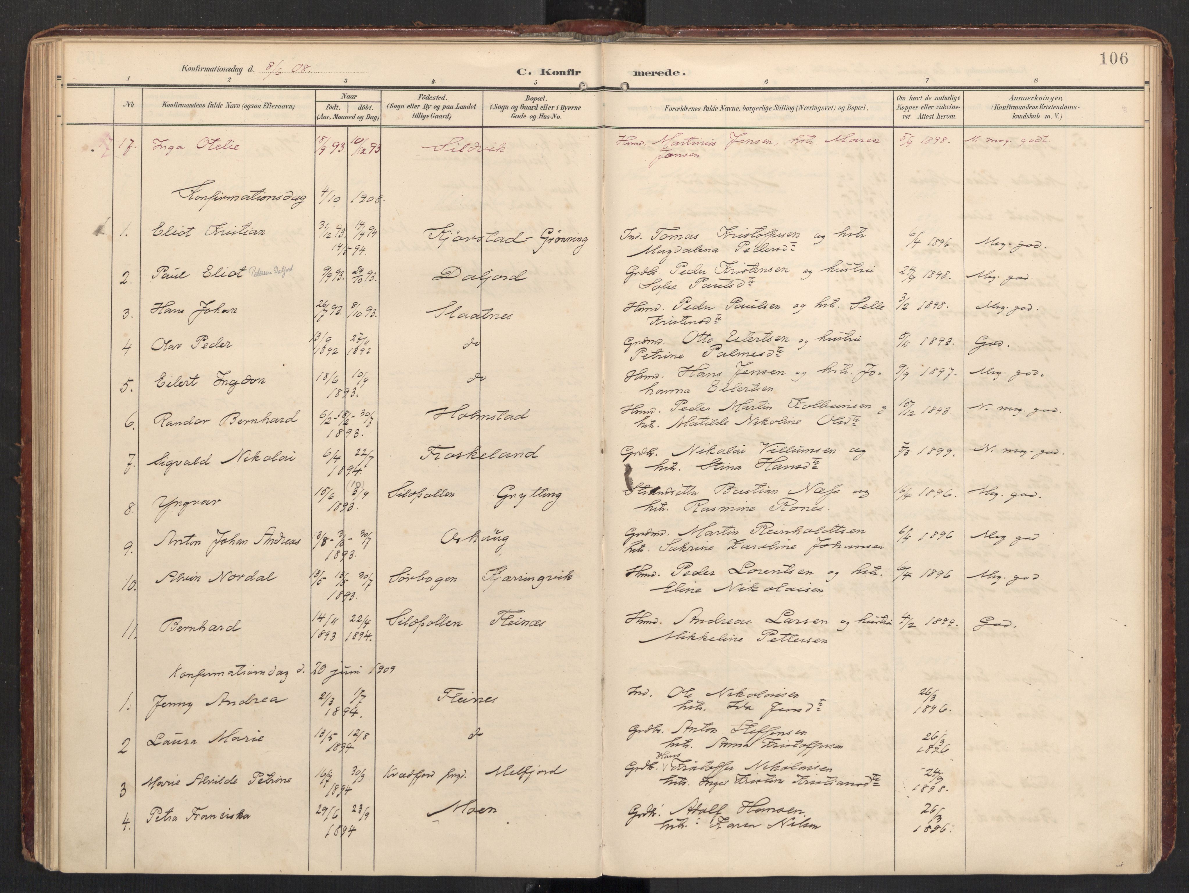 Ministerialprotokoller, klokkerbøker og fødselsregistre - Nordland, SAT/A-1459/890/L1287: Parish register (official) no. 890A02, 1903-1915, p. 106