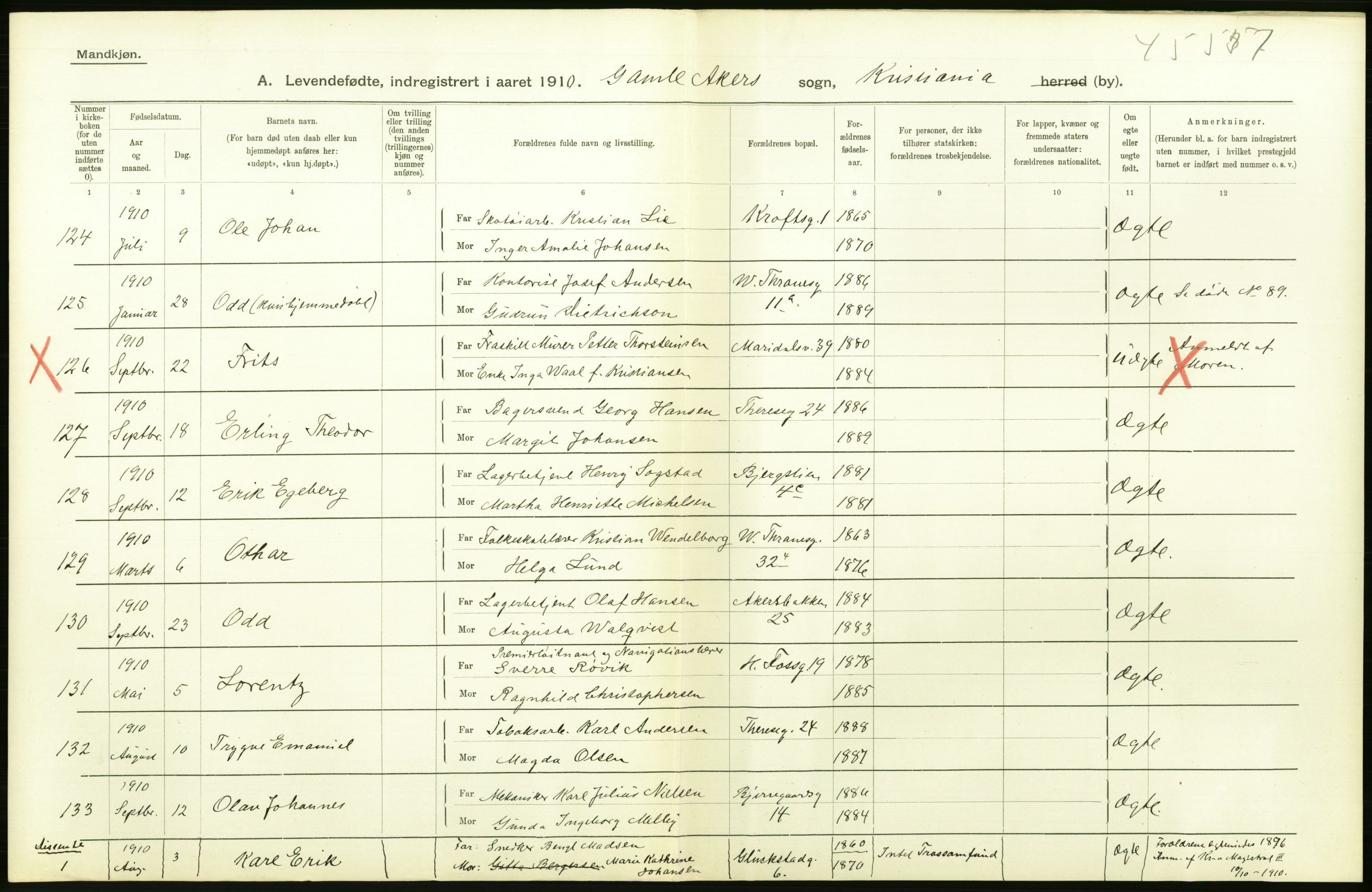 Statistisk sentralbyrå, Sosiodemografiske emner, Befolkning, RA/S-2228/D/Df/Dfa/Dfah/L0006: Kristiania: Levendefødte menn., 1910, p. 616