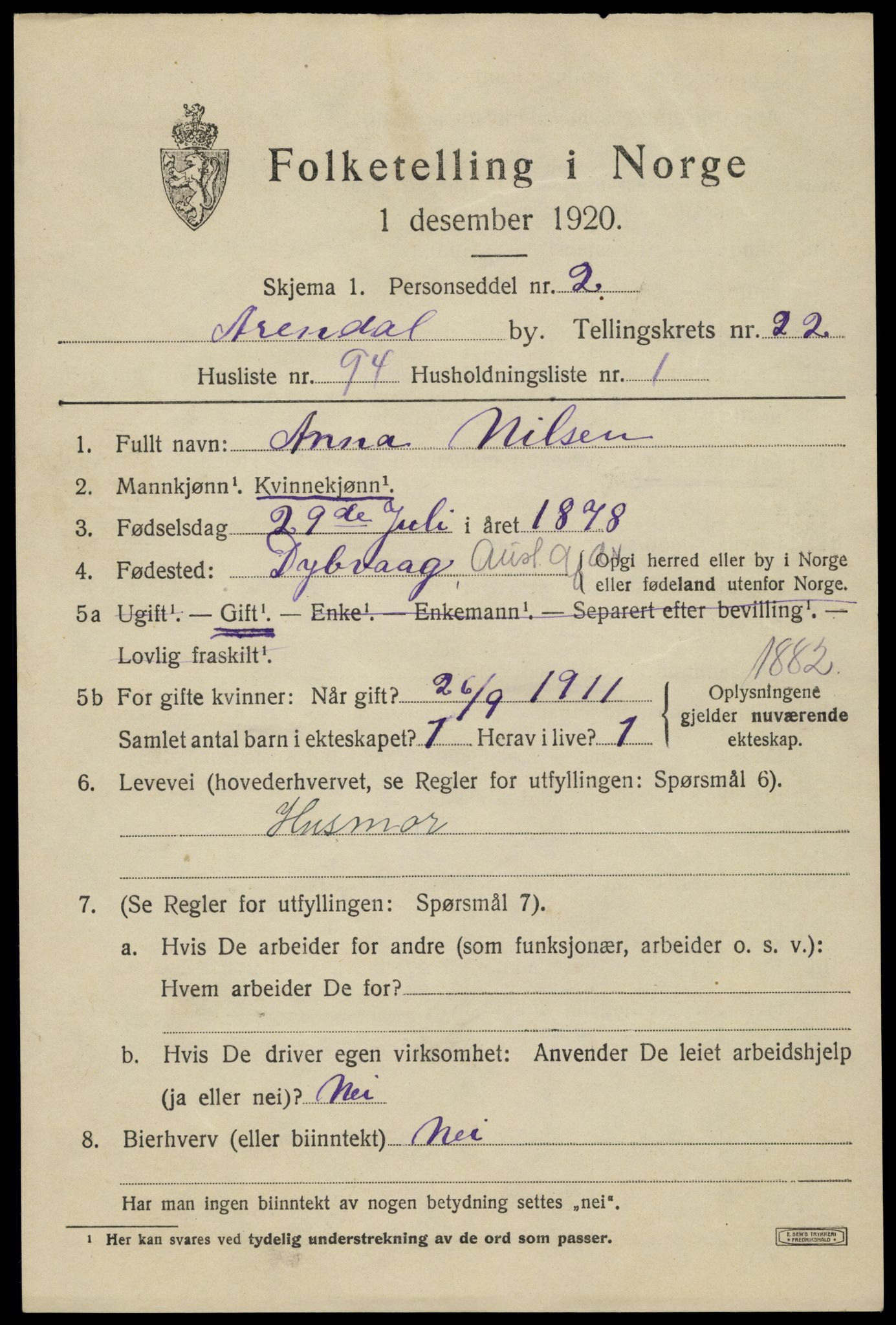 SAK, 1920 census for Arendal, 1920, p. 28966