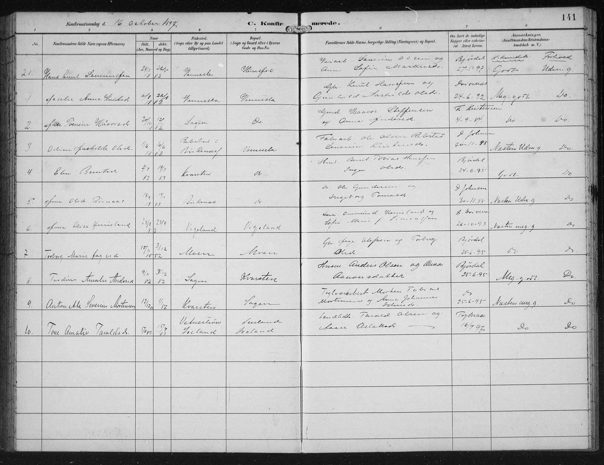 Vennesla sokneprestkontor, AV/SAK-1111-0045/Fb/Fbb/L0004: Parish register (copy) no. B 4, 1893-1902, p. 141