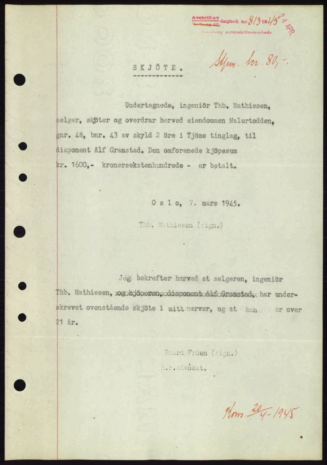 Tønsberg sorenskriveri, AV/SAKO-A-130/G/Ga/Gaa/L0017a: Mortgage book no. A17a, 1945-1945, Diary no: : 813/1945