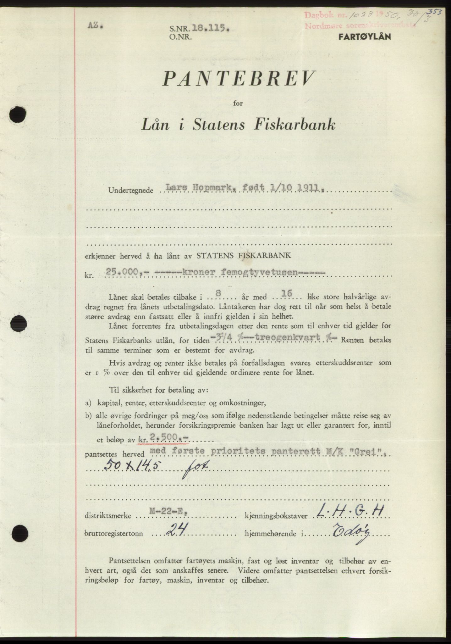 Nordmøre sorenskriveri, AV/SAT-A-4132/1/2/2Ca: Mortgage book no. B104, 1950-1950, Diary no: : 1023/1950