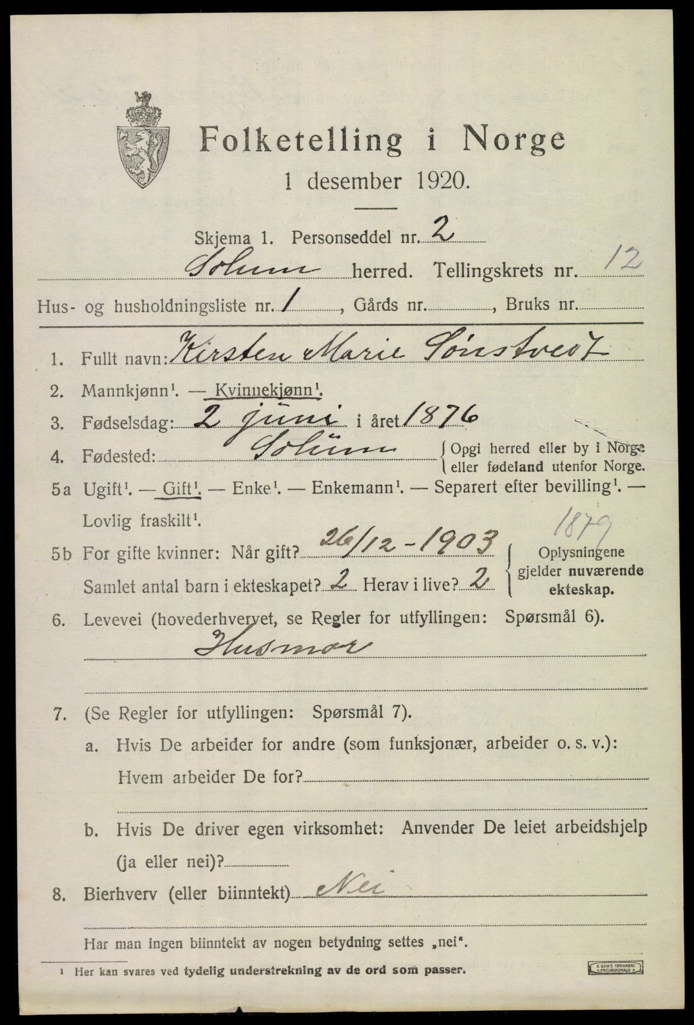 SAKO, 1920 census for Solum, 1920, p. 17026