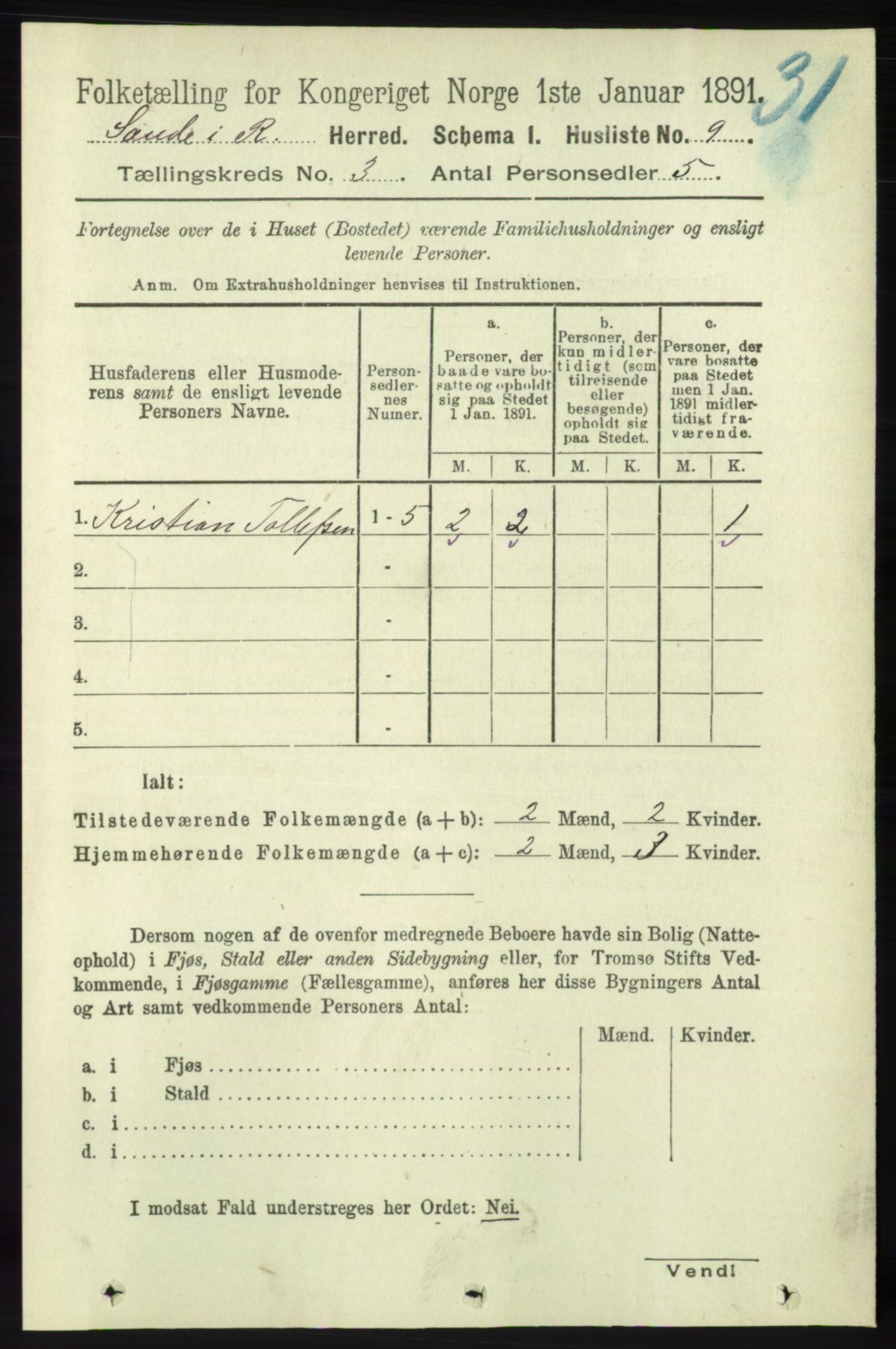 RA, 1891 census for 1135 Sauda, 1891, p. 1157