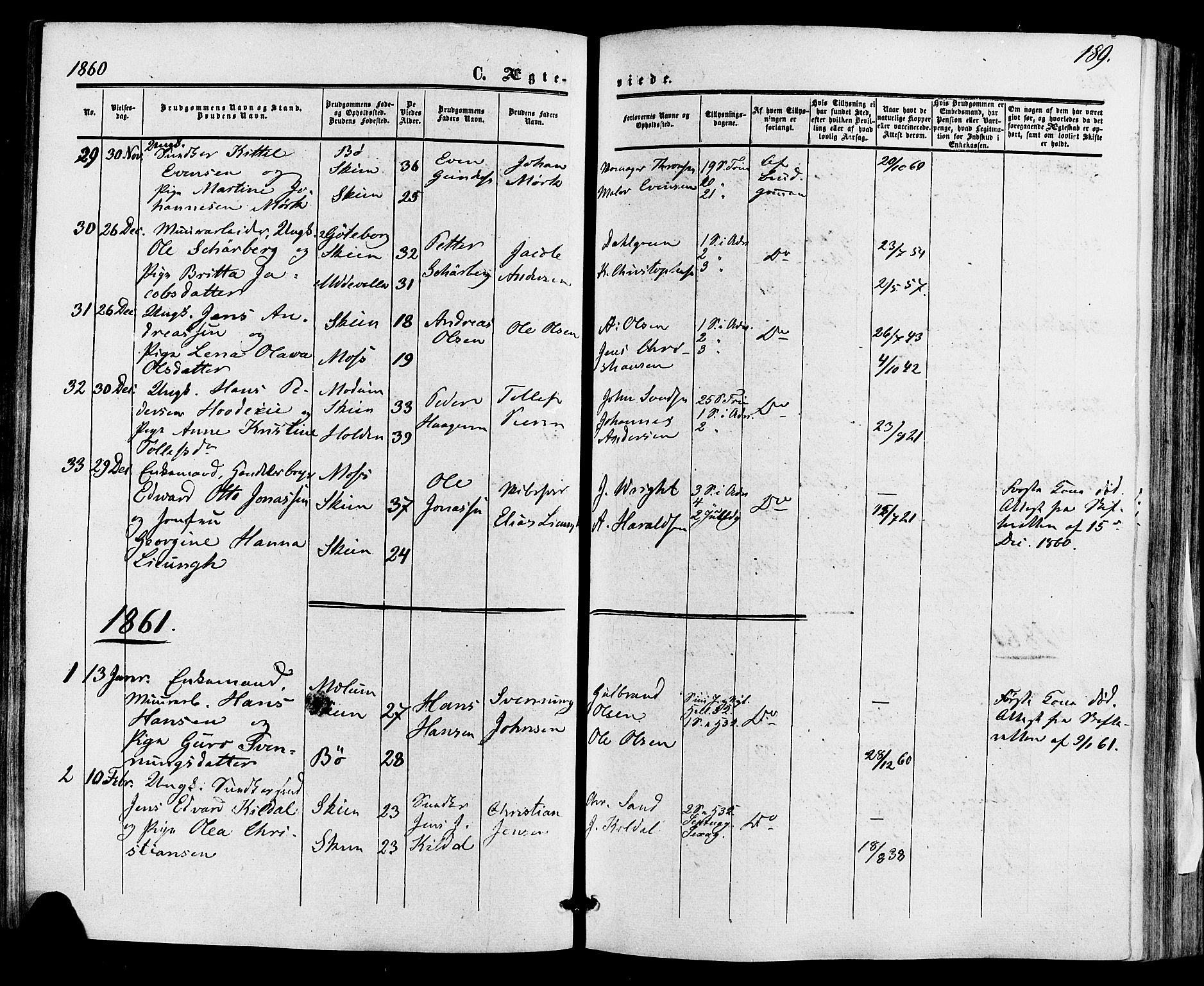 Skien kirkebøker, SAKO/A-302/F/Fa/L0007: Parish register (official) no. 7, 1856-1865, p. 189