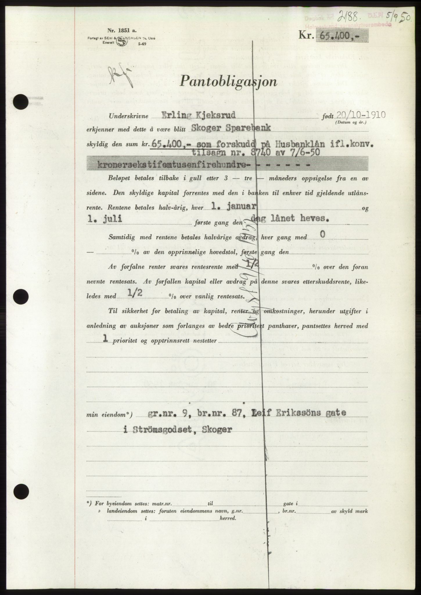 Holmestrand sorenskriveri, AV/SAKO-A-67/G/Ga/Gab/L0063: Mortgage book no. B-63, 1950-1950, Diary no: : 2188/1950