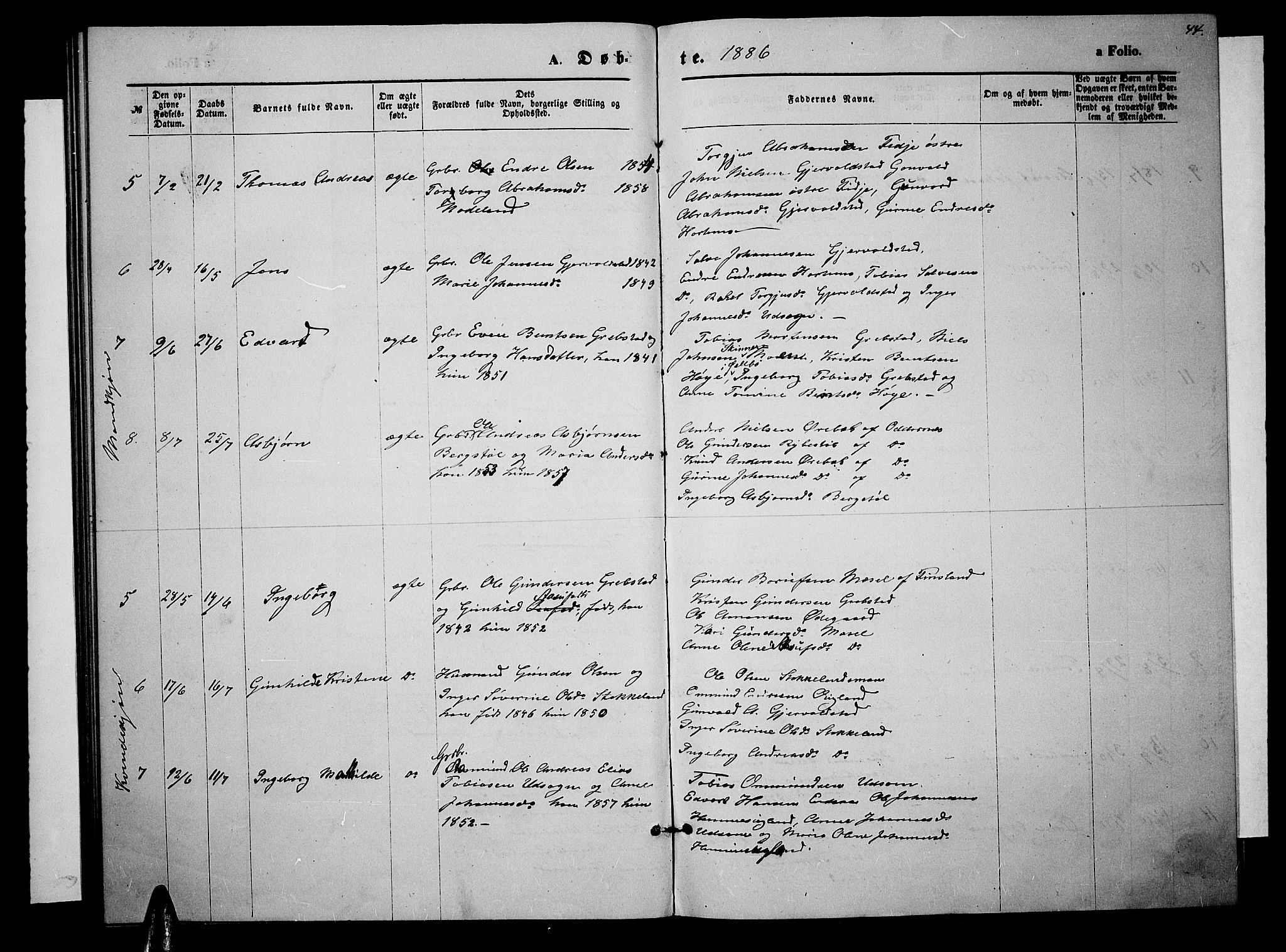 Søgne sokneprestkontor, SAK/1111-0037/F/Fb/Fba/L0003: Parish register (copy) no. B 3, 1874-1887, p. 44