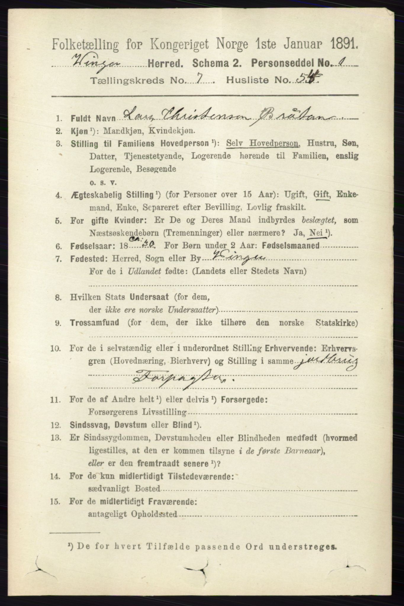 RA, 1891 census for 0421 Vinger, 1891, p. 3519