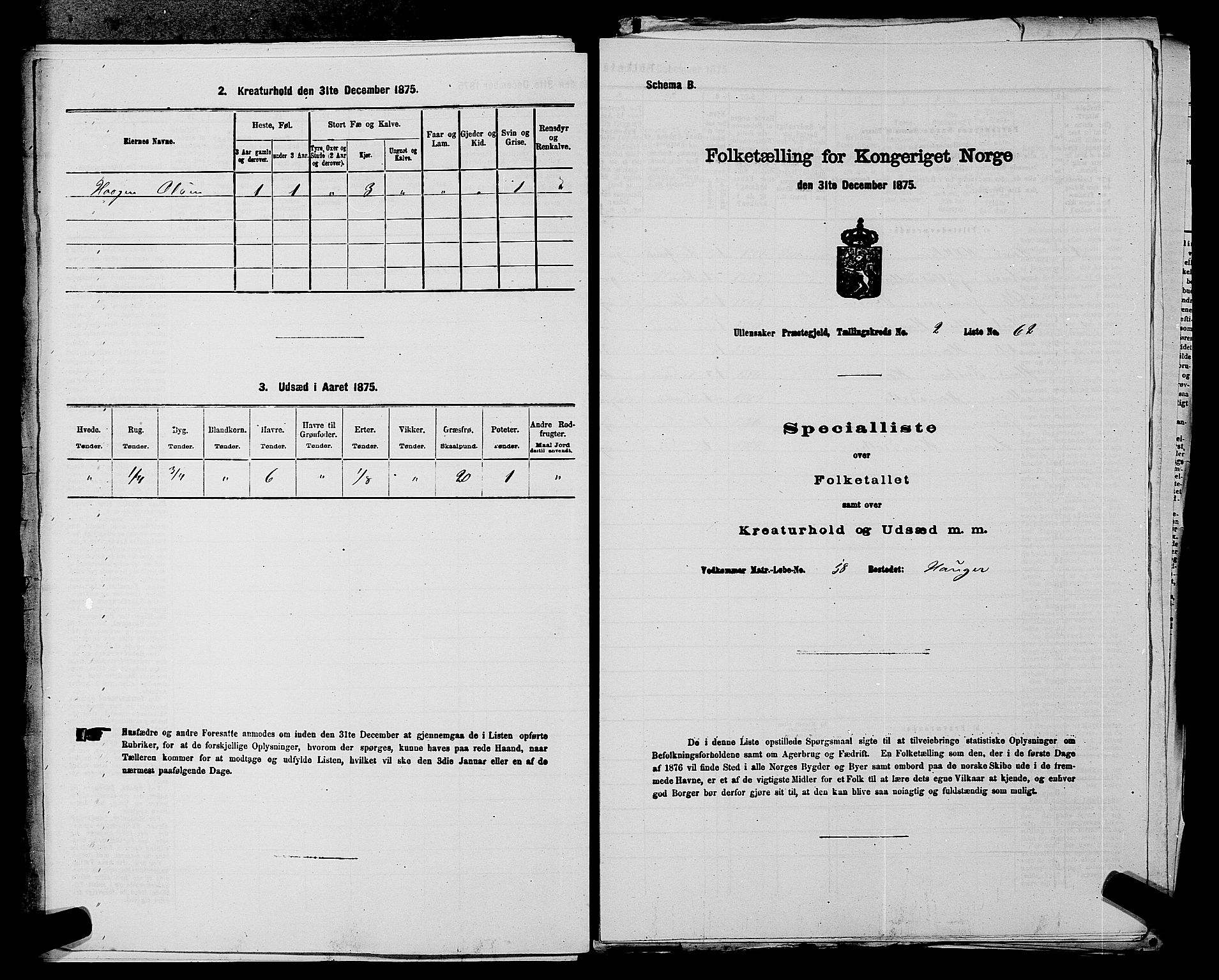 RA, 1875 census for 0235P Ullensaker, 1875, p. 292