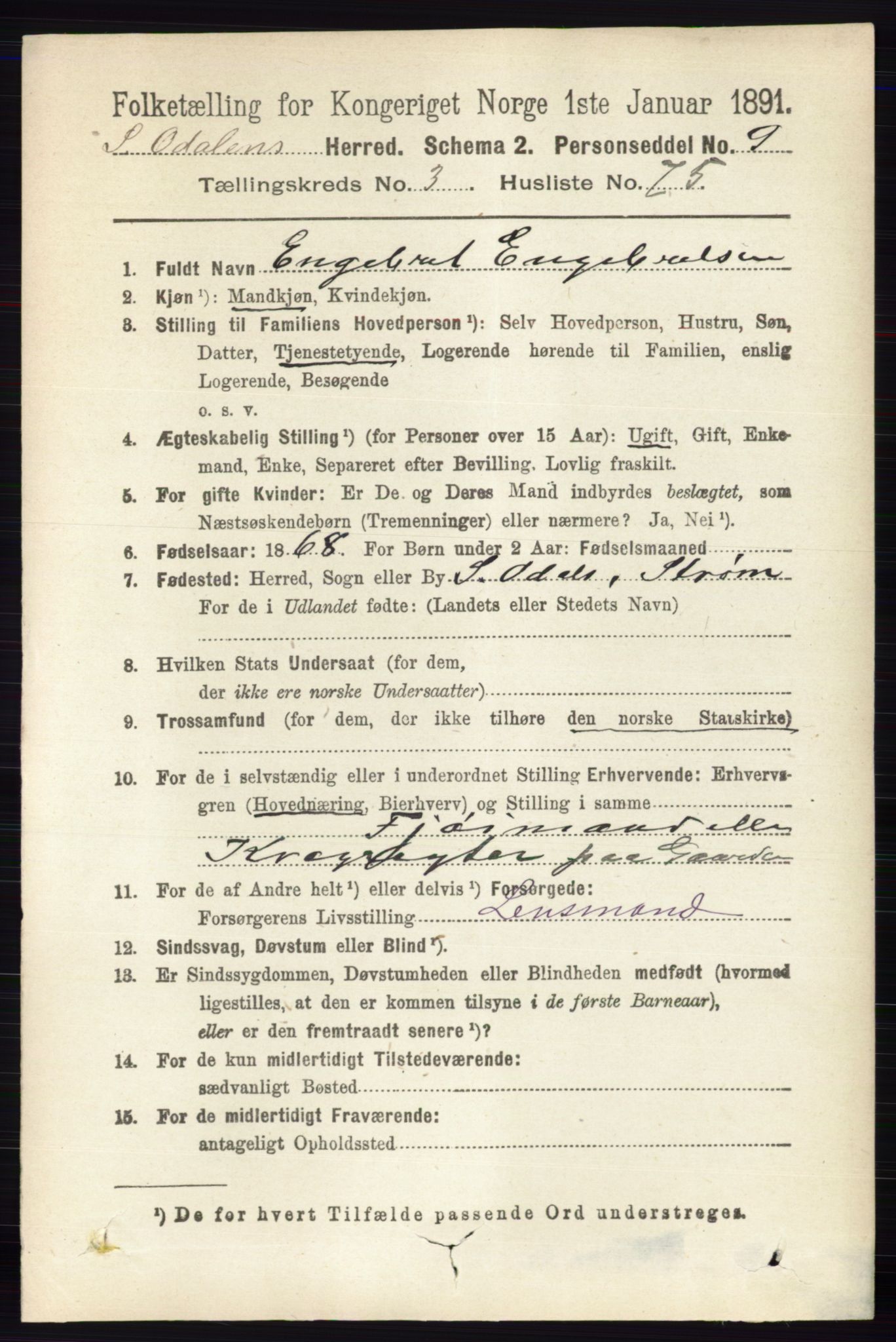 RA, 1891 census for 0419 Sør-Odal, 1891, p. 1649