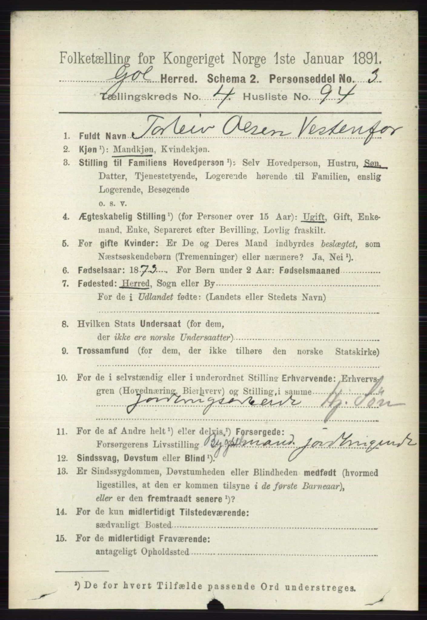 RA, 1891 census for 0617 Gol og Hemsedal, 1891, p. 2284