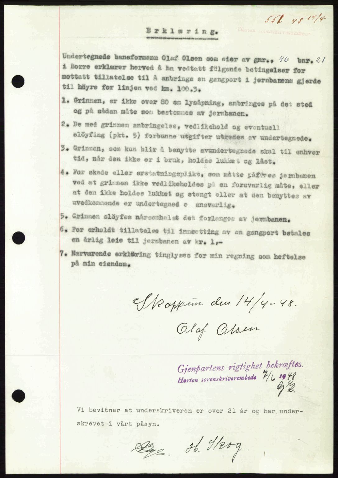 Horten sorenskriveri, AV/SAKO-A-133/G/Ga/Gaa/L0010: Mortgage book no. A-10, 1947-1948, Diary no: : 551/1948