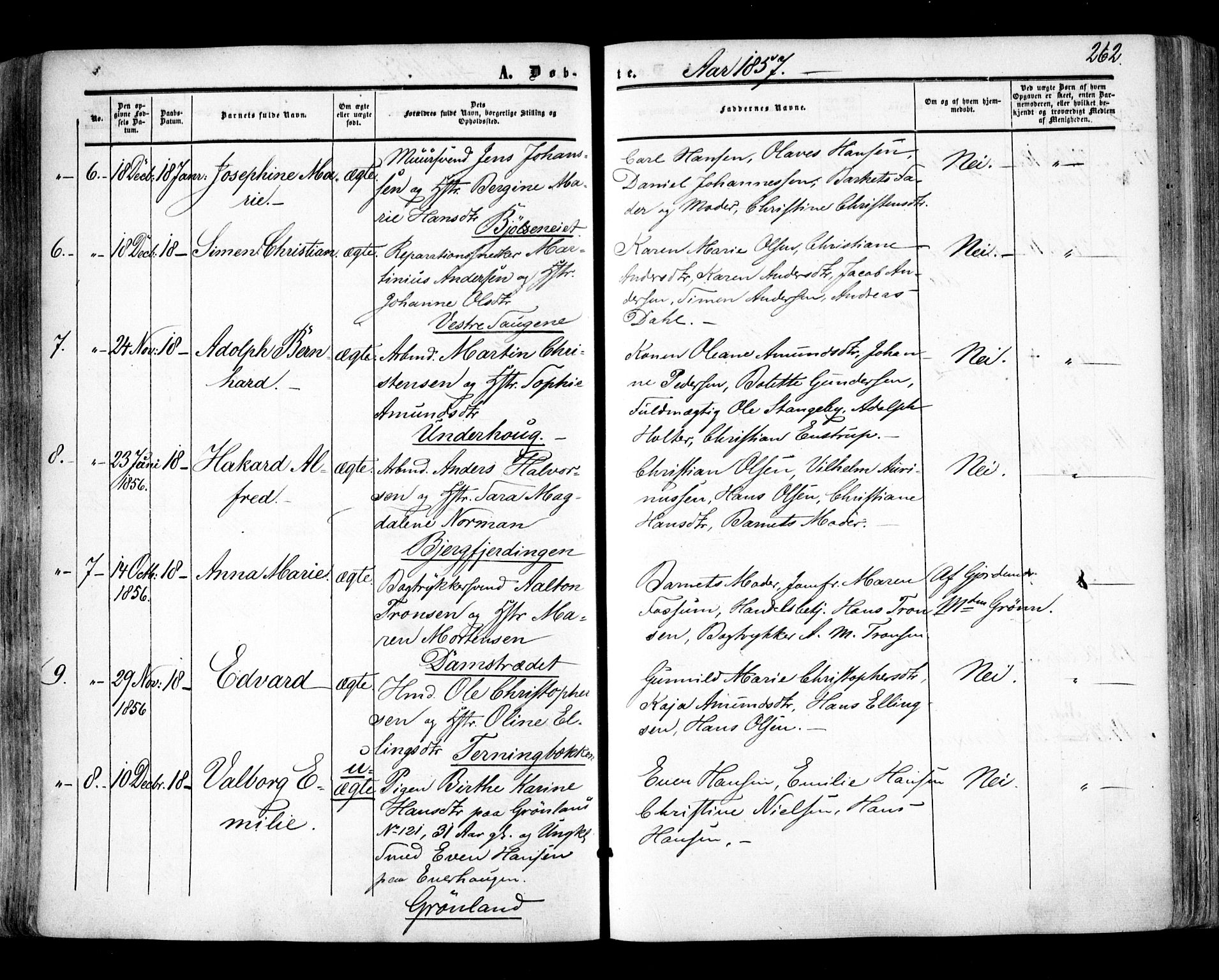 Aker prestekontor kirkebøker, SAO/A-10861/F/L0020: Parish register (official) no. 20, 1853-1857, p. 262