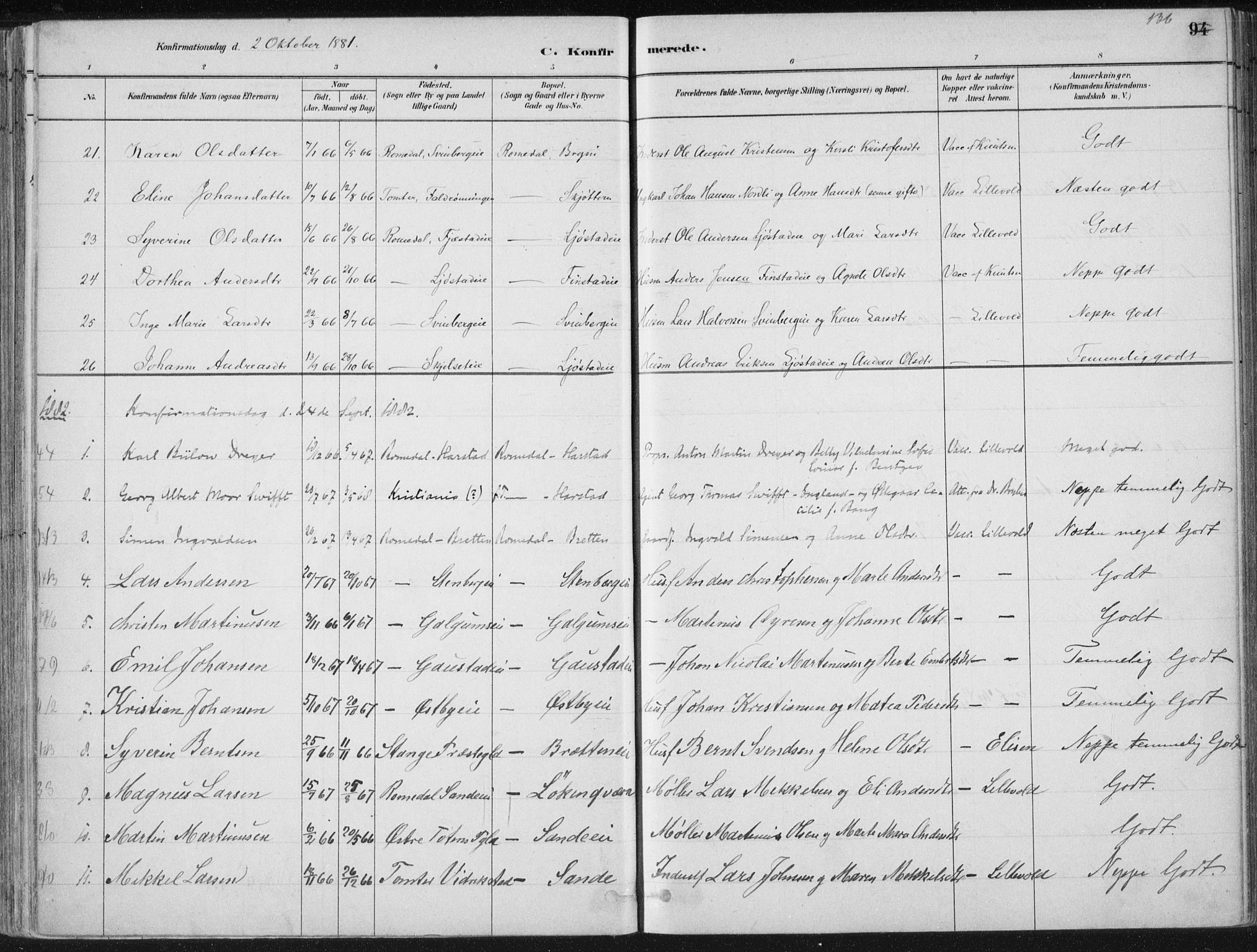 Romedal prestekontor, SAH/PREST-004/K/L0010: Parish register (official) no. 10, 1880-1895, p. 136