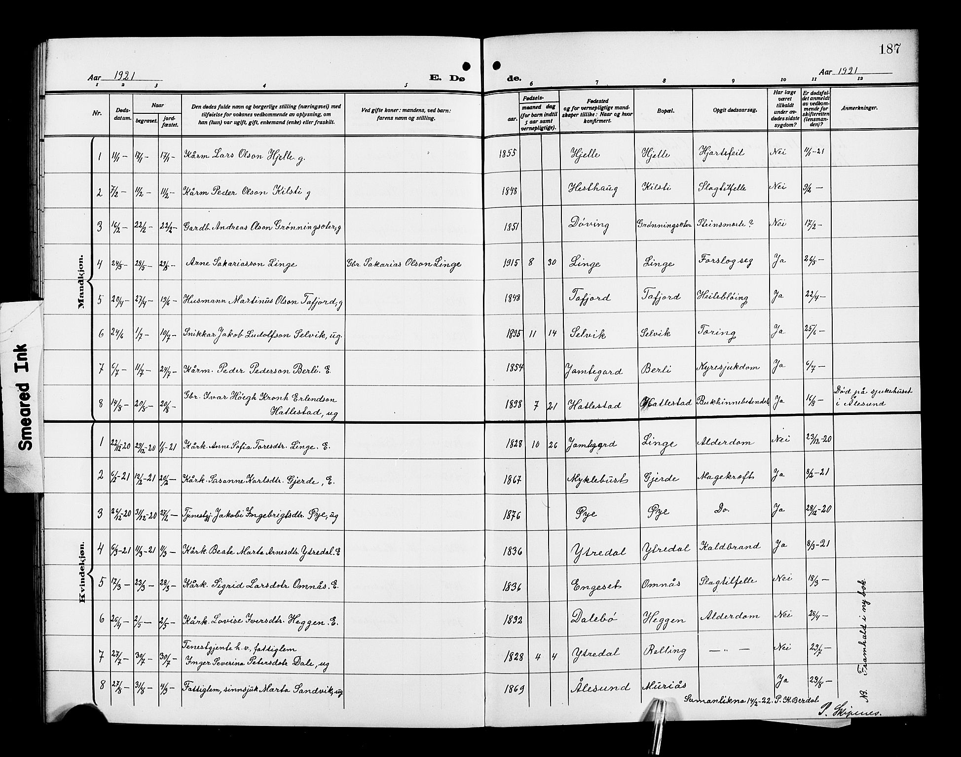 Ministerialprotokoller, klokkerbøker og fødselsregistre - Møre og Romsdal, SAT/A-1454/519/L0265: Parish register (copy) no. 519C06, 1911-1921, p. 187